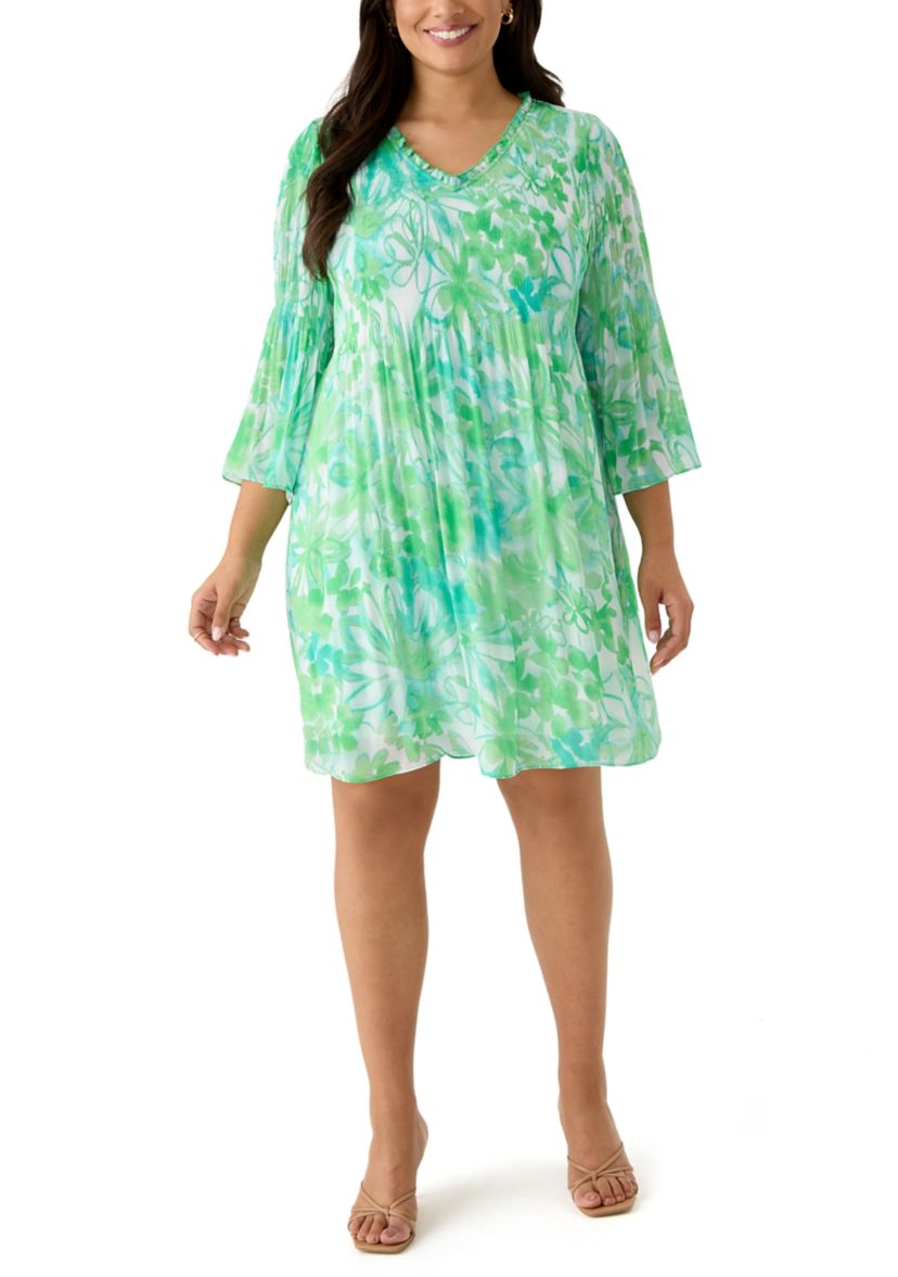 Plus Size 3/4 Sleeve V-Neck Floral Print Chiffon A-Line Dress