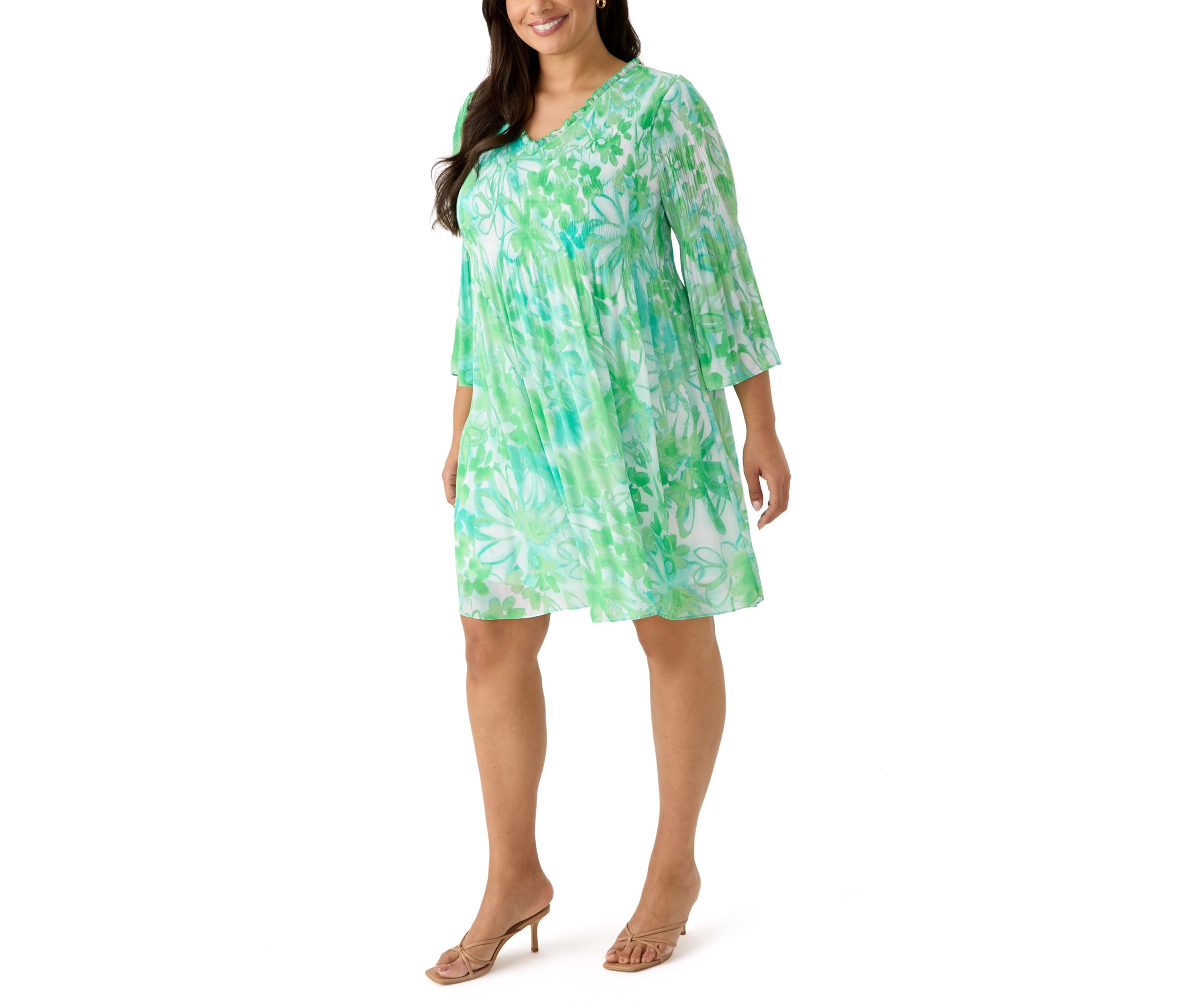 Plus Size 3/4 Sleeve V-Neck Floral Print Chiffon A-Line Dress