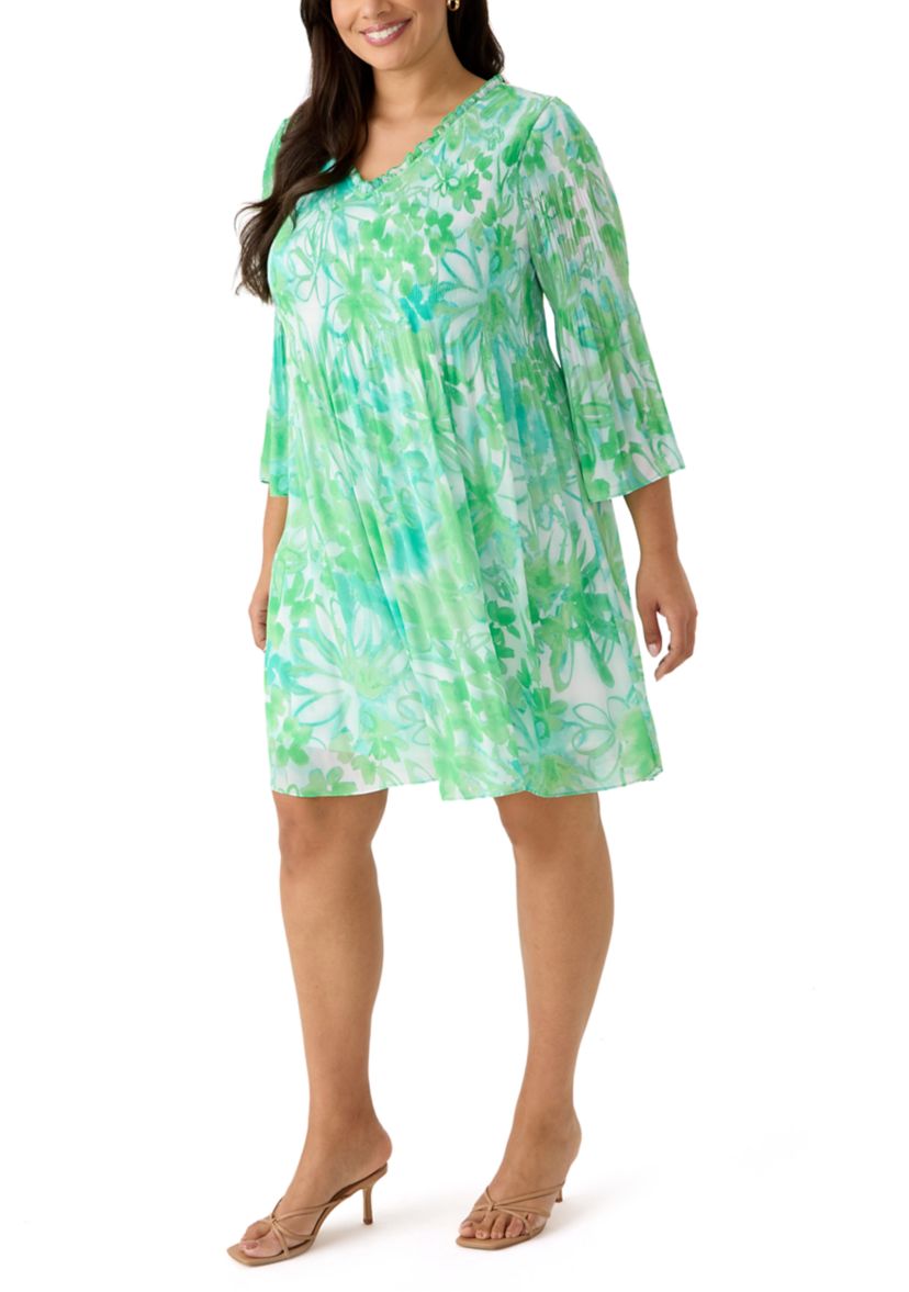 Plus Size 3/4 Sleeve V-Neck Floral Print Chiffon A-Line Dress