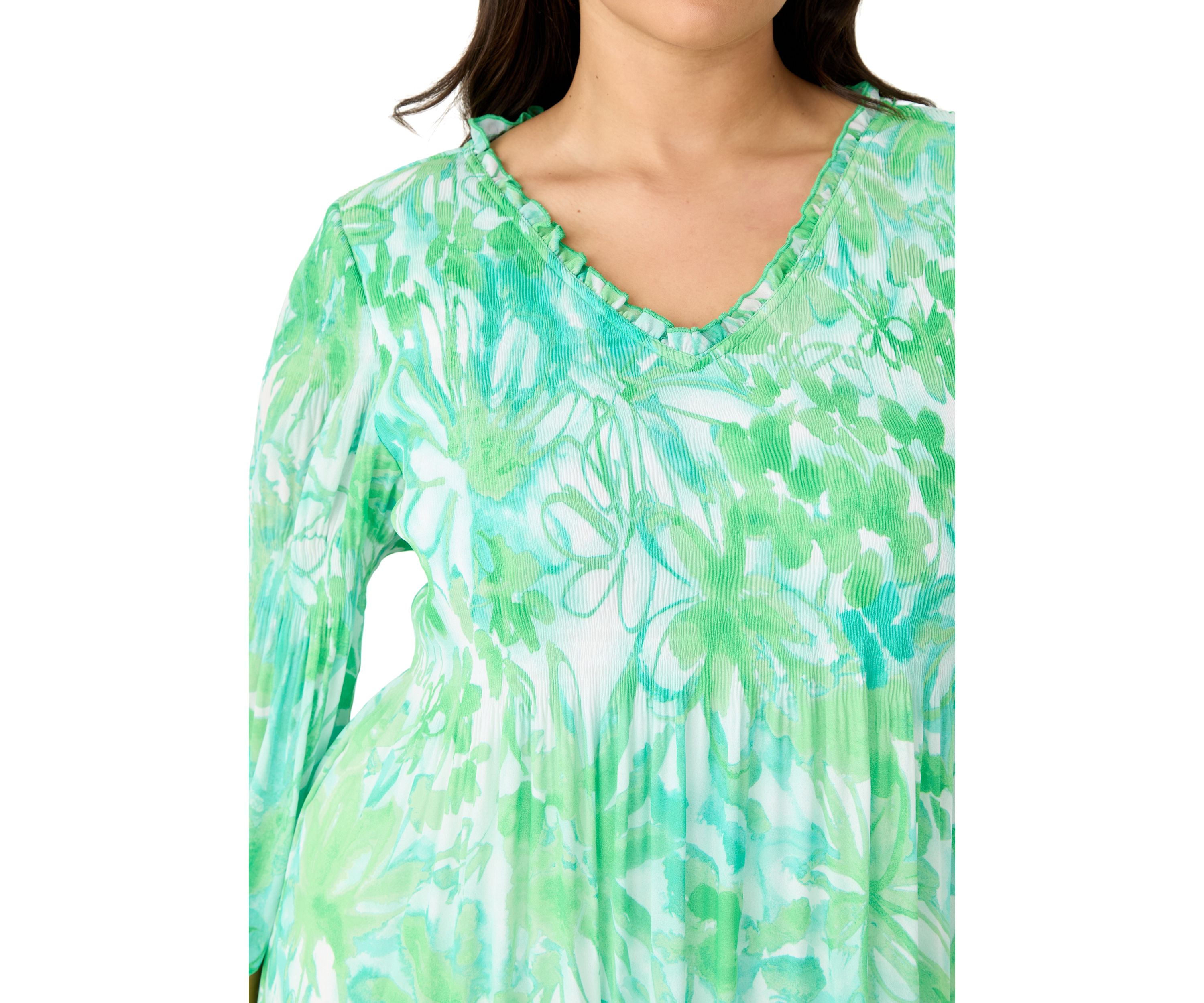 Plus Size 3/4 Sleeve V-Neck Floral Print Chiffon A-Line Dress