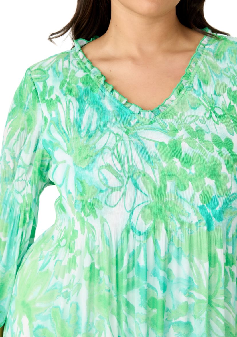Plus Size 3/4 Sleeve V-Neck Floral Print Chiffon A-Line Dress