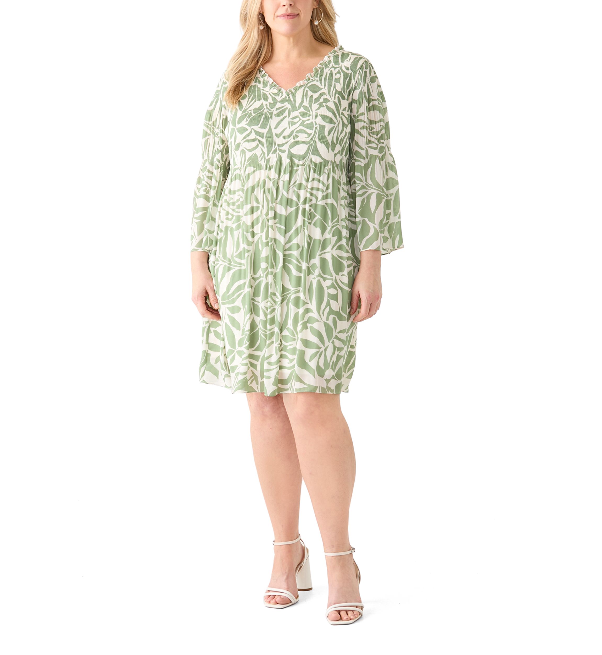 Plus Size Long Sleeve V-Neck Leaf Print Chiffon Dress