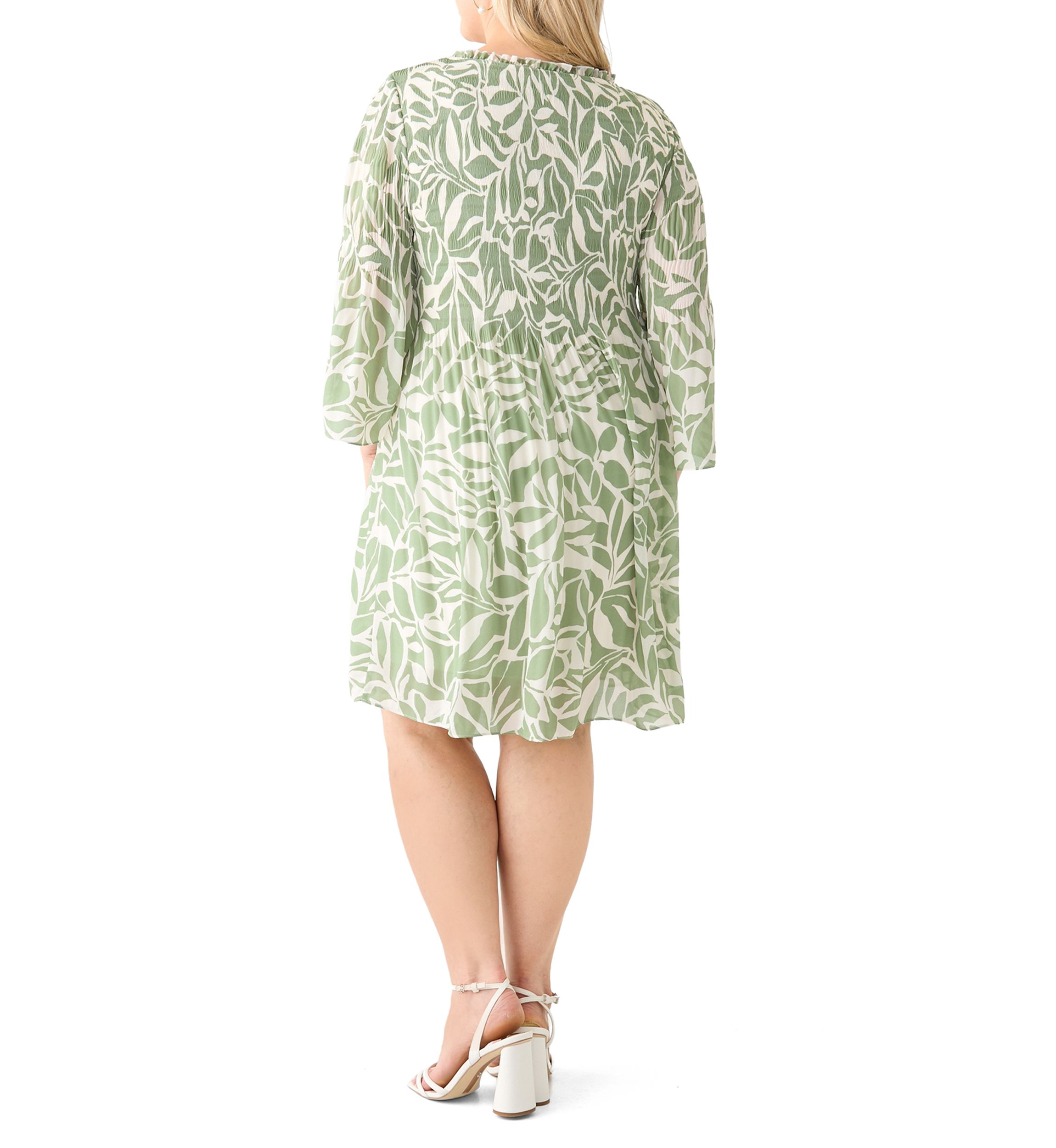 Plus Size Long Sleeve V-Neck Leaf Print Chiffon Dress