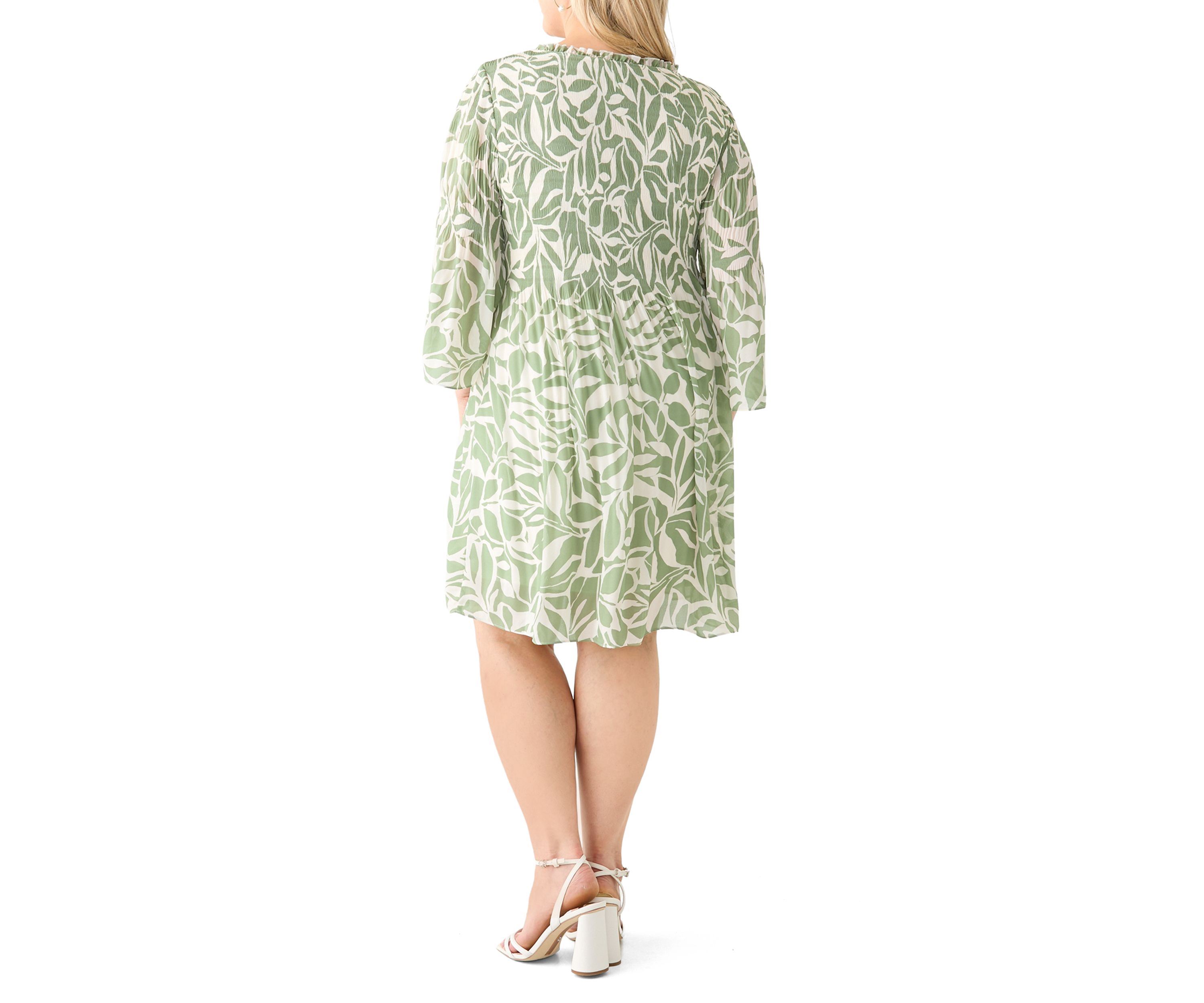 Plus Size Long Sleeve V-Neck Leaf Print Chiffon Dress