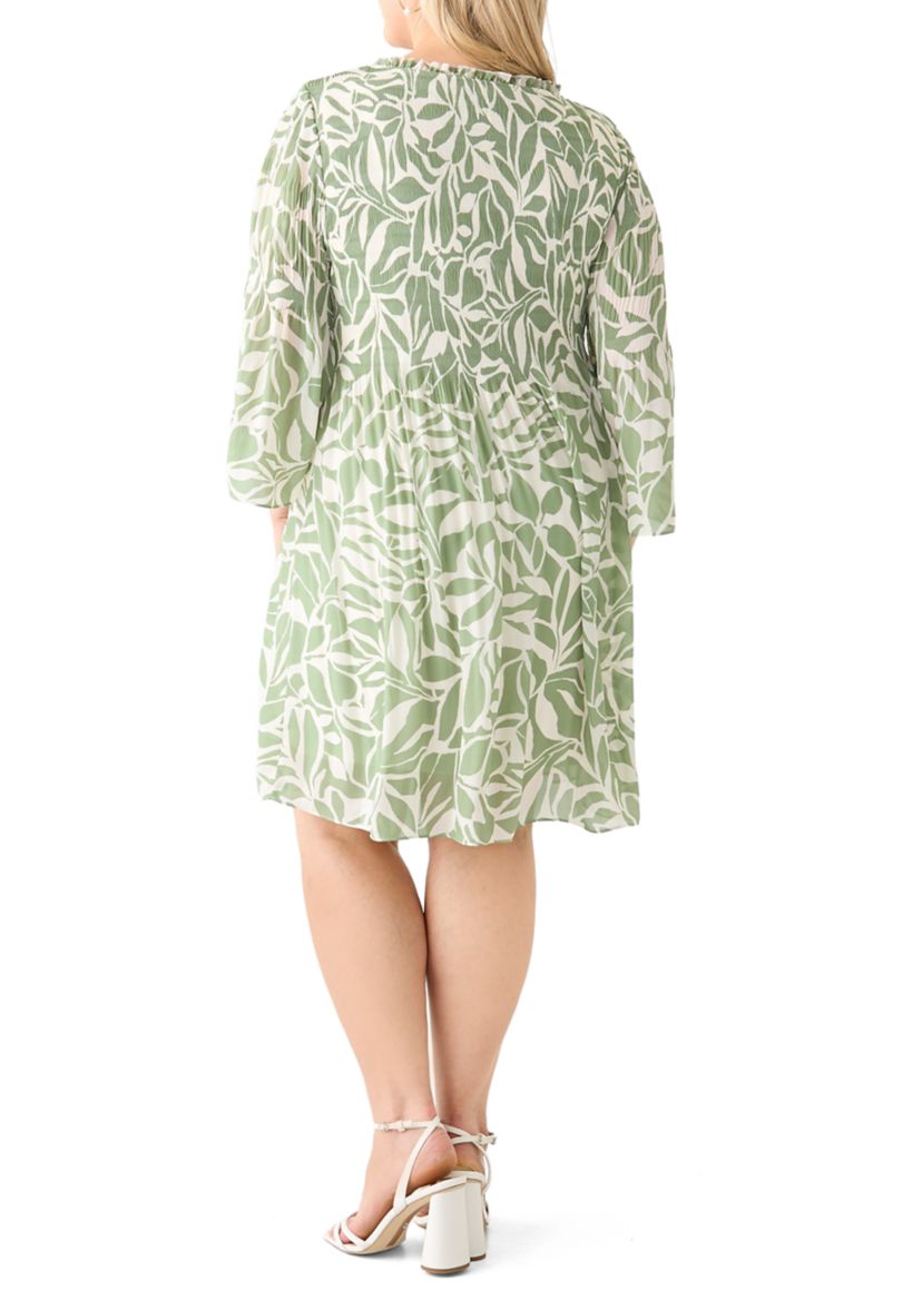 Plus Size Long Sleeve V-Neck Leaf Print Chiffon Dress