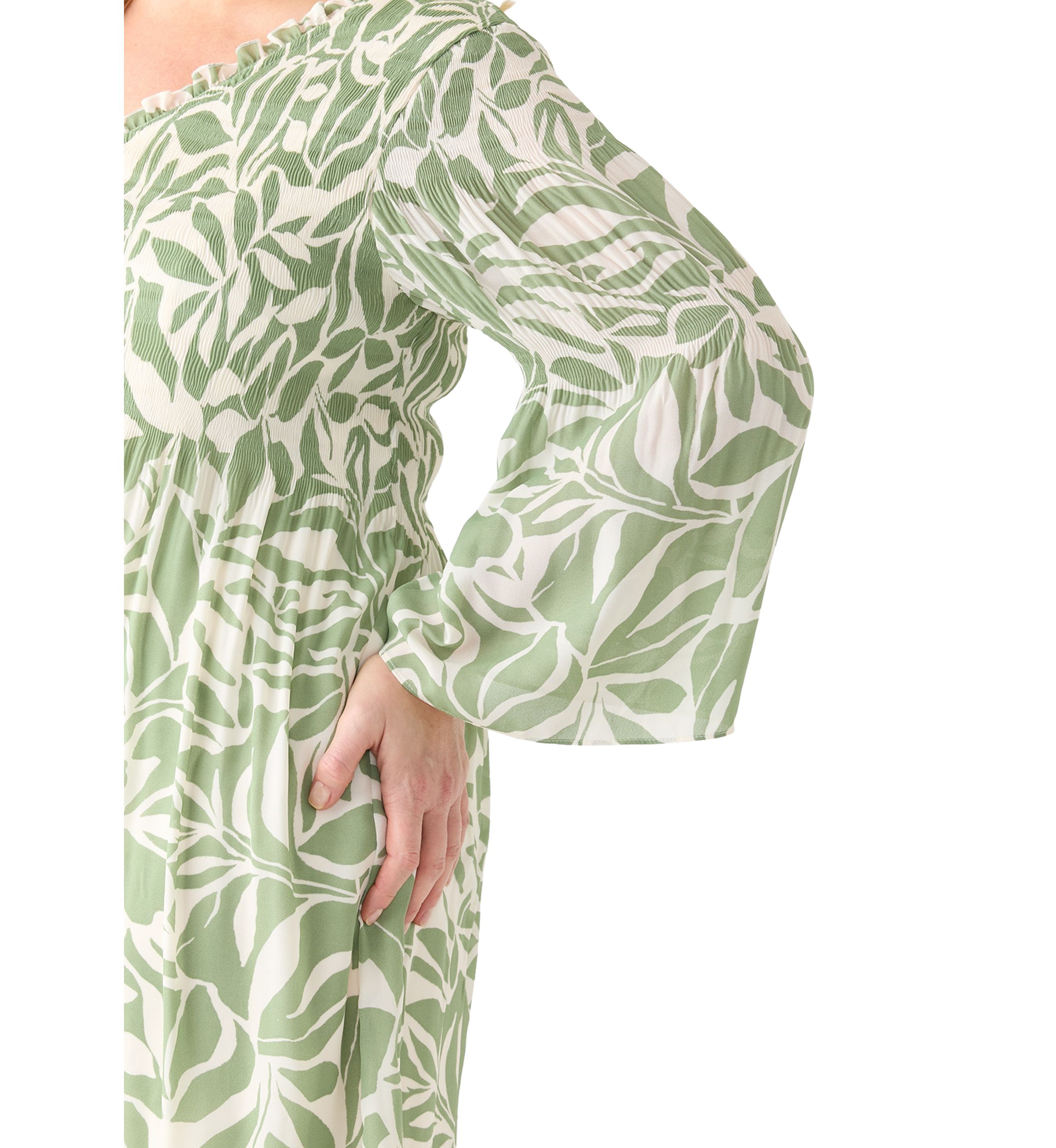 Plus Size Long Sleeve V-Neck Leaf Print Chiffon Dress