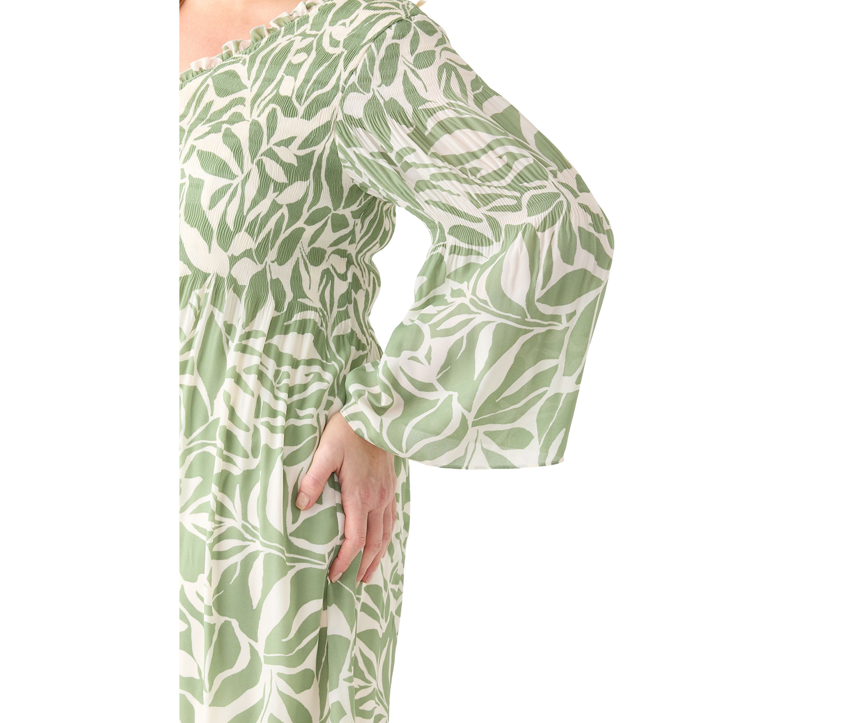 Plus Size Long Sleeve V-Neck Leaf Print Chiffon Dress