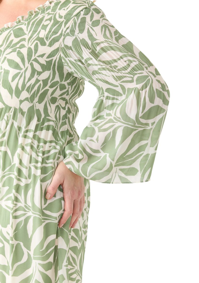 Plus Size Long Sleeve V-Neck Leaf Print Chiffon Dress