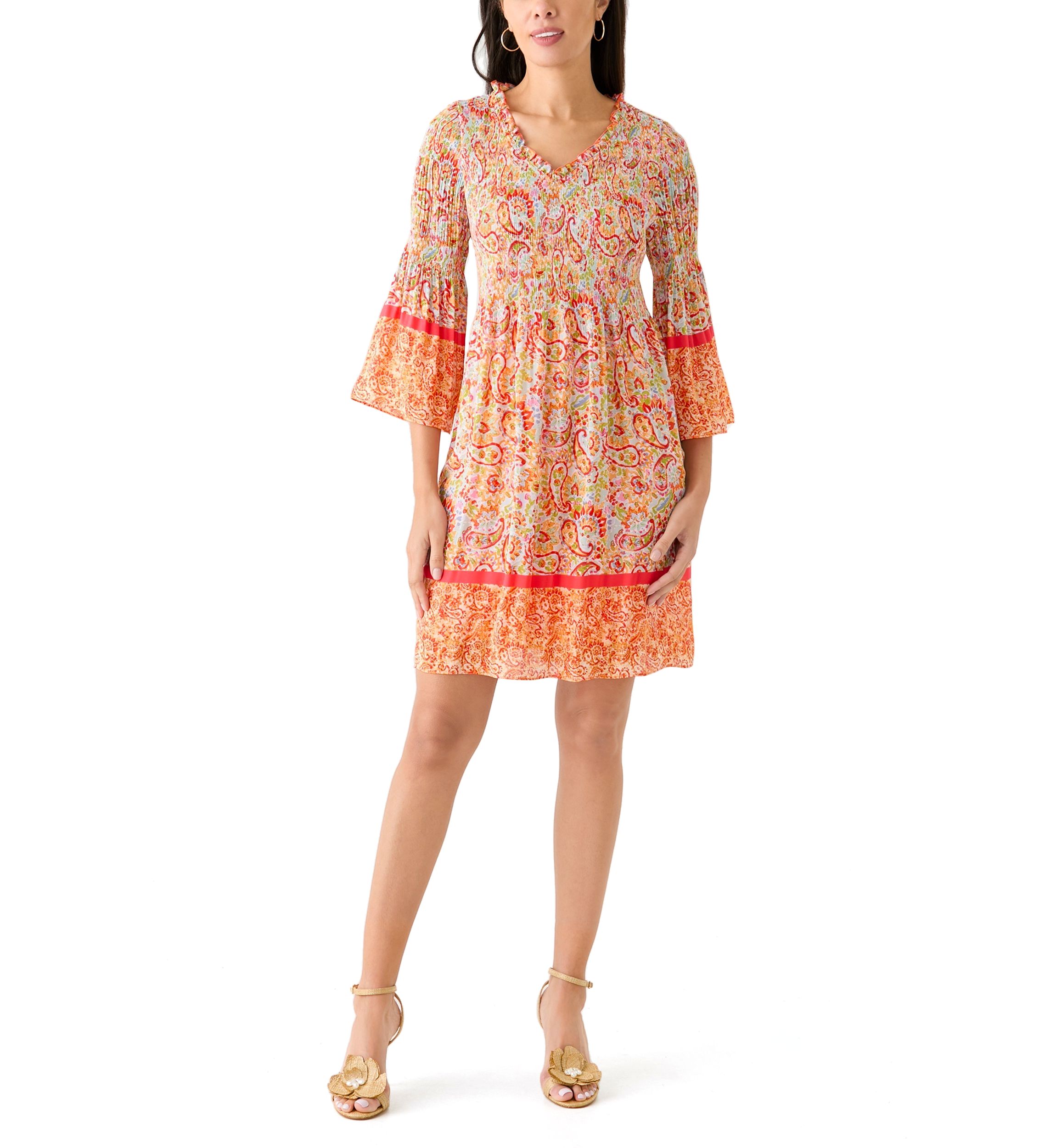 Womens 3/4 Sleeve V-Neck Paisley Print Dress