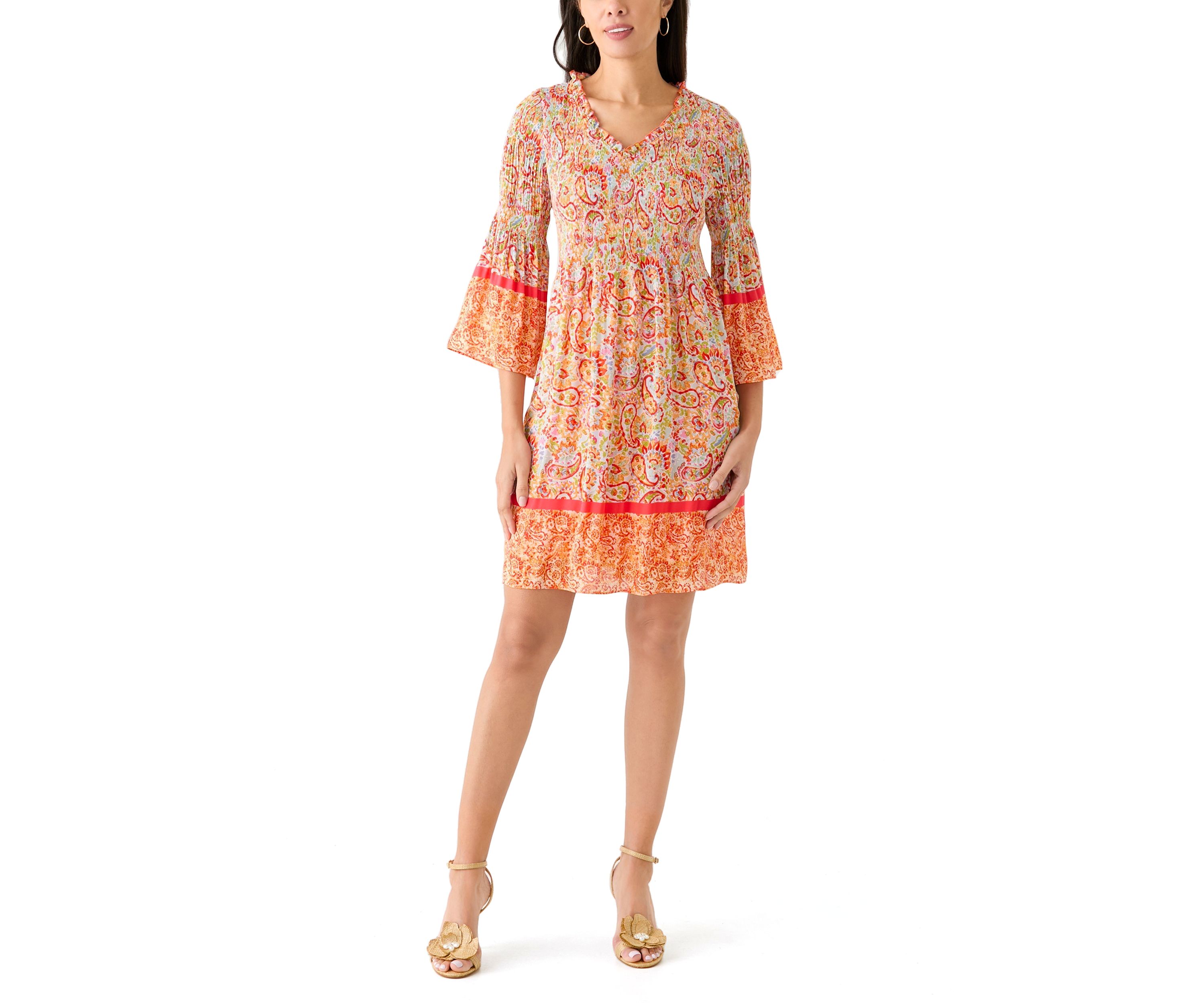 Womens 3/4 Sleeve V-Neck Paisley Print Dress