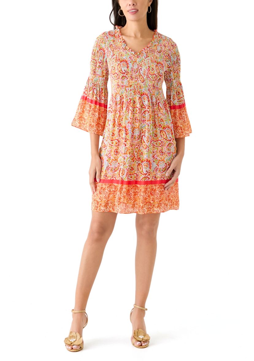 Womens 3/4 Sleeve V-Neck Paisley Print Dress