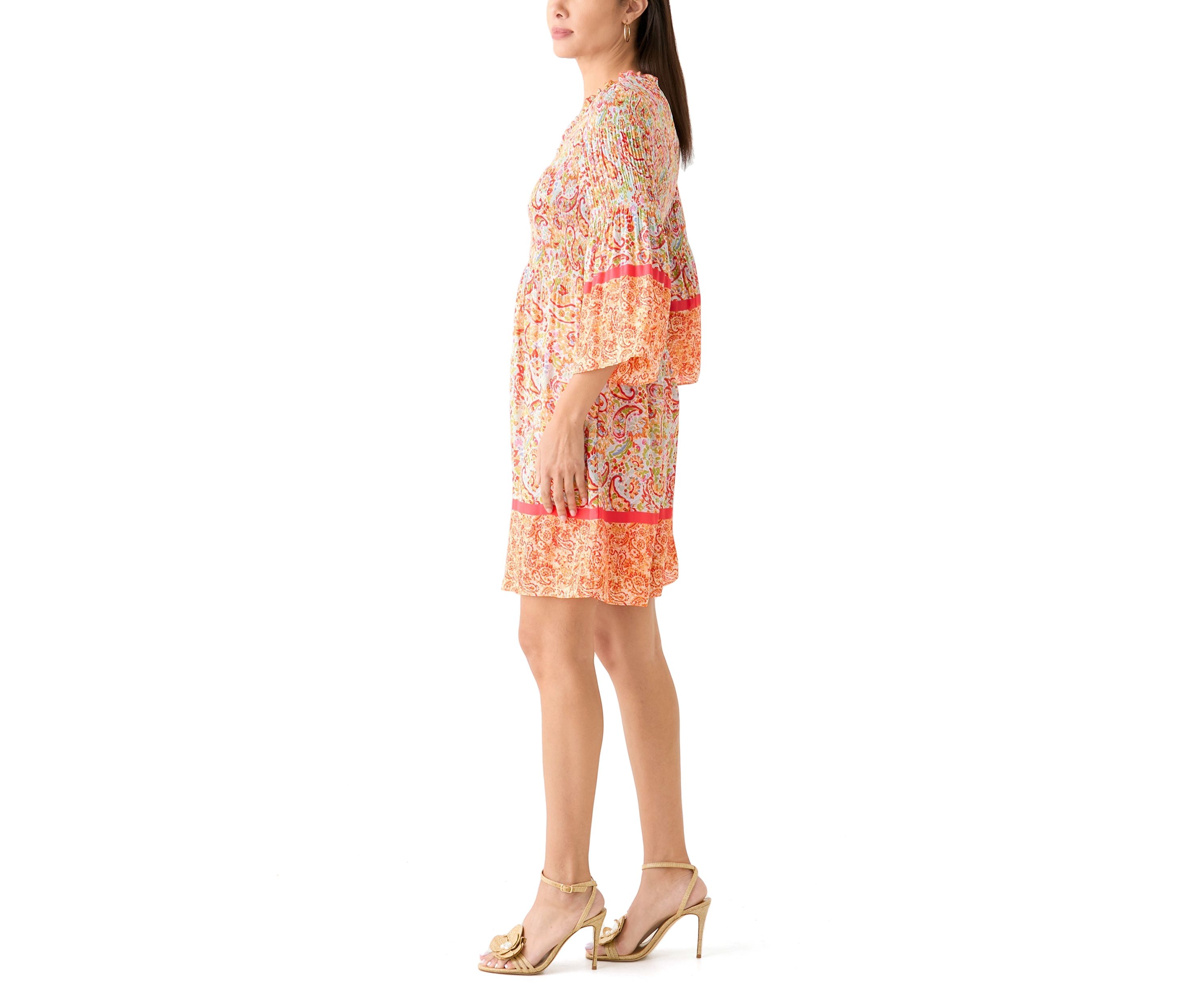 Womens 3/4 Sleeve V-Neck Paisley Print Dress