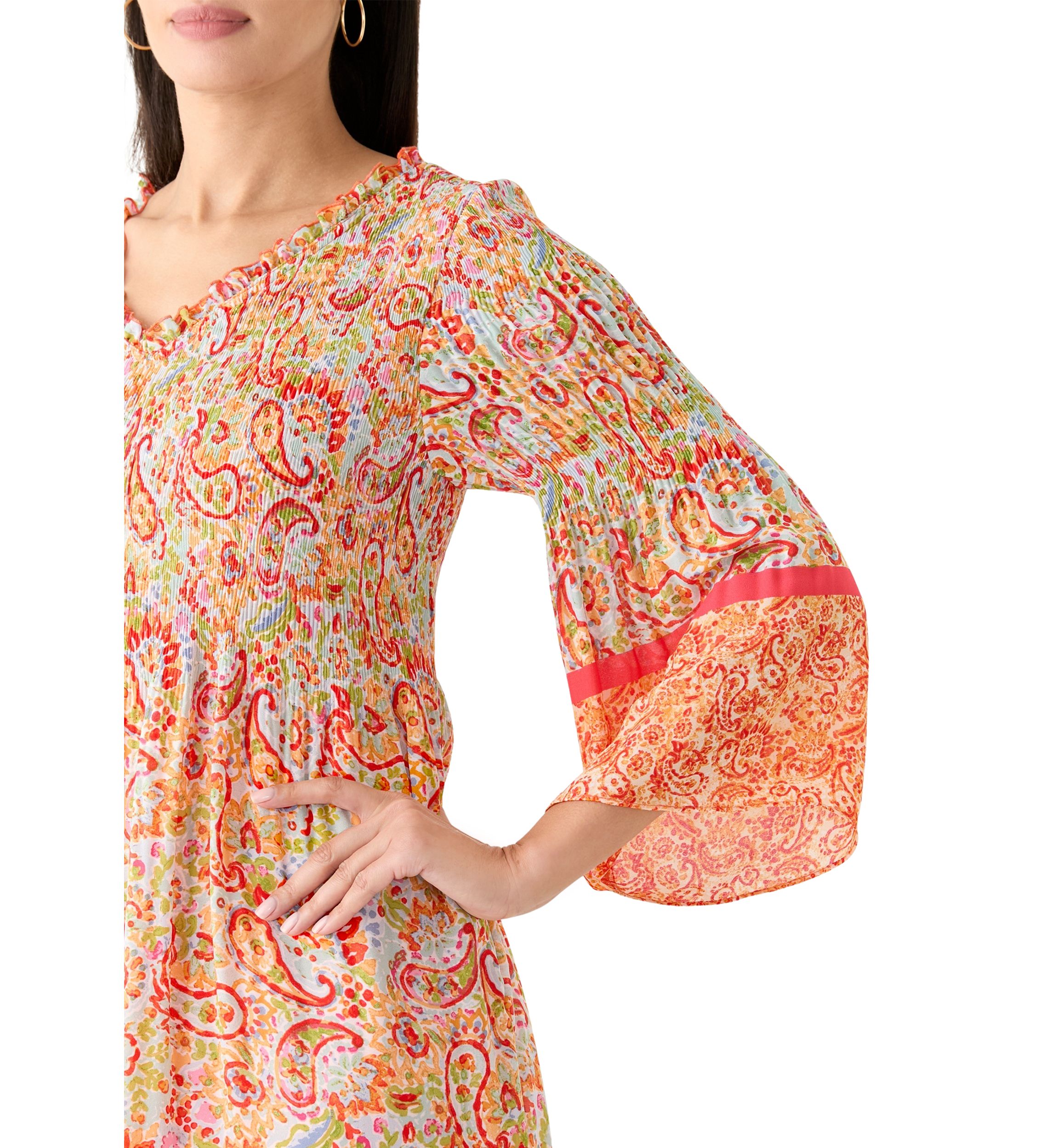 Womens 3/4 Sleeve V-Neck Paisley Print Dress