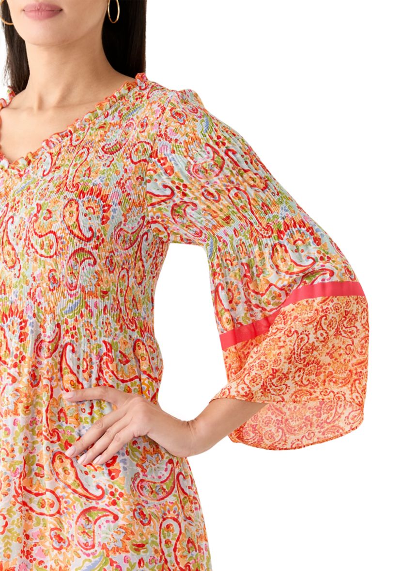 Womens 3/4 Sleeve V-Neck Paisley Print Dress