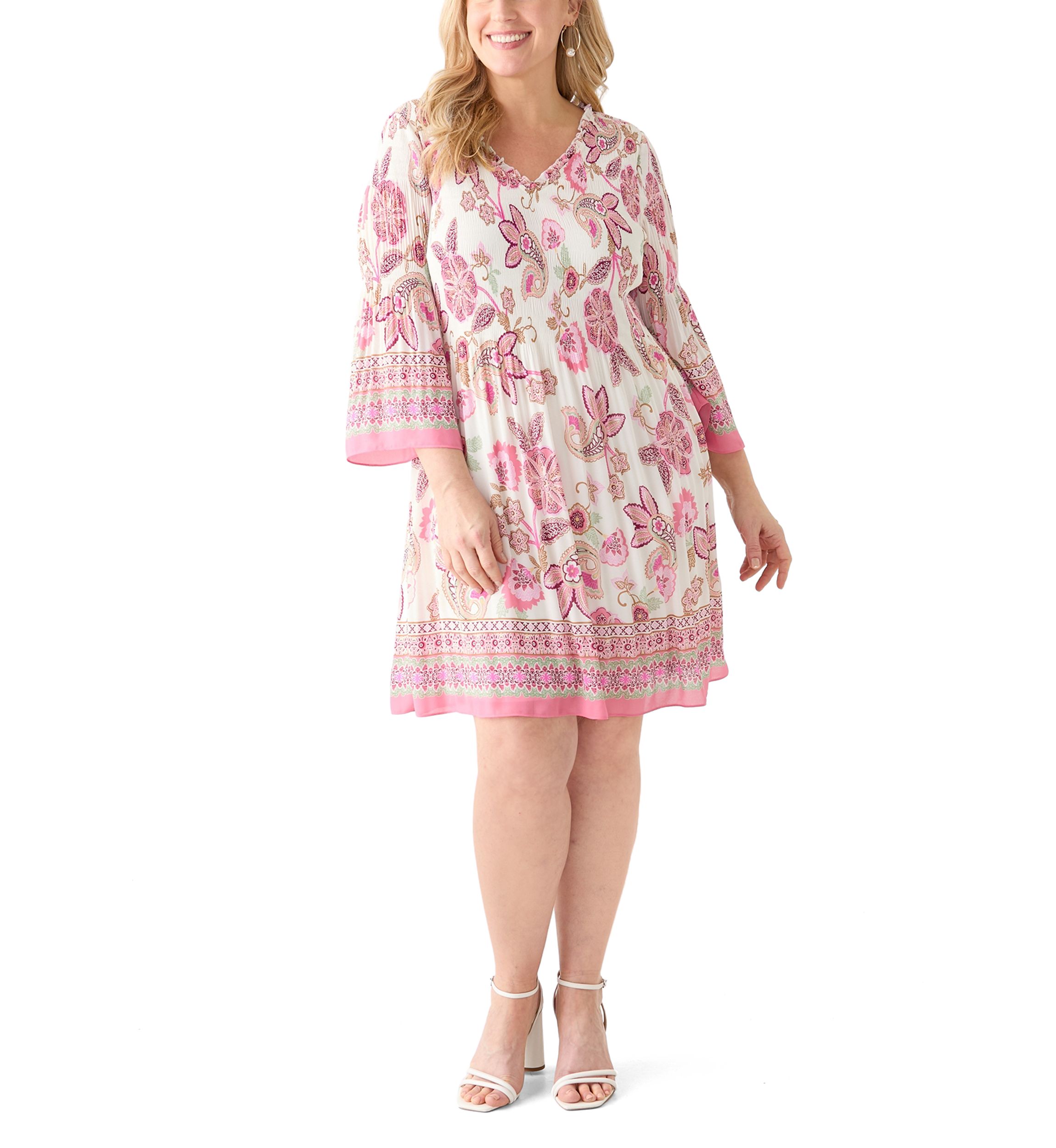 Plus Size Long Sleeve V-Neck Paisley Print Chiffon Dress