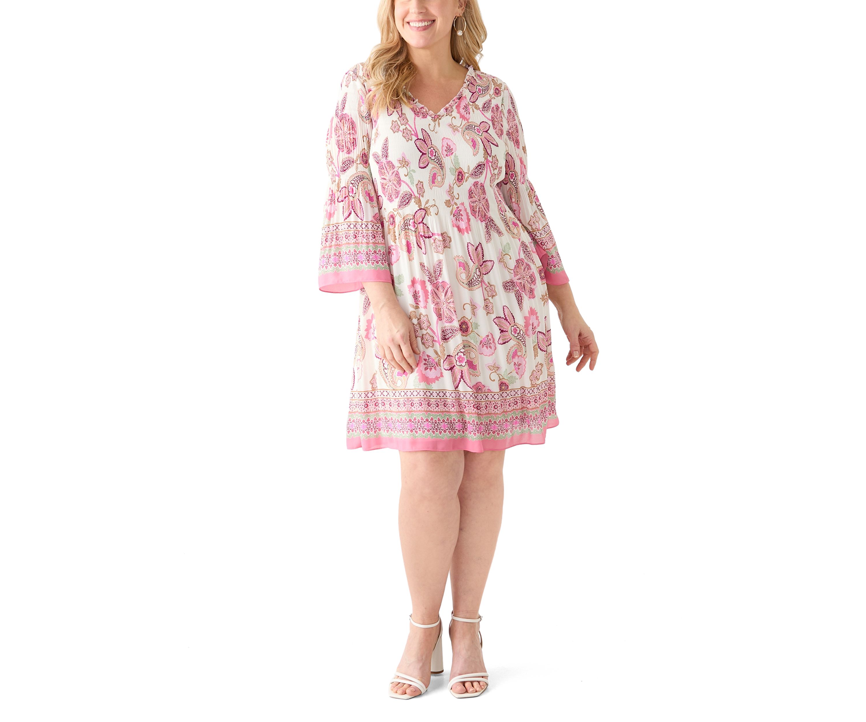 Plus Size Long Sleeve V-Neck Paisley Print Chiffon Dress