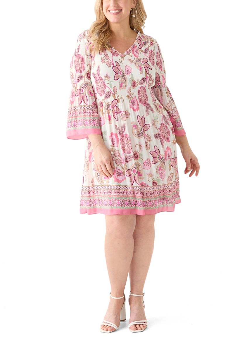Plus Size Long Sleeve V-Neck Paisley Print Chiffon Dress
