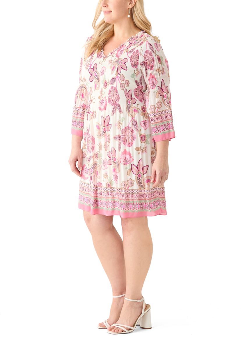 Plus Size Long Sleeve V-Neck Paisley Print Chiffon Dress