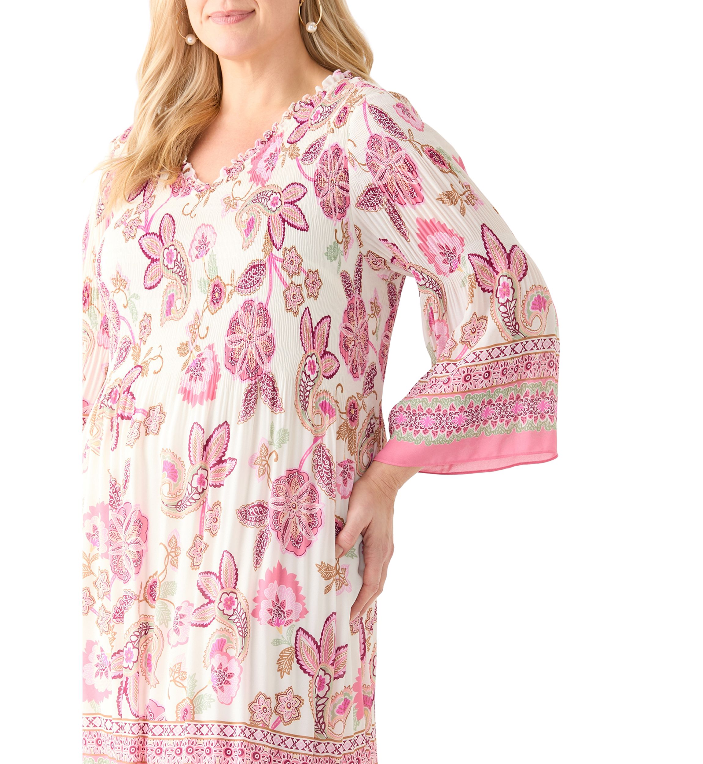 Plus Size Long Sleeve V-Neck Paisley Print Chiffon Dress