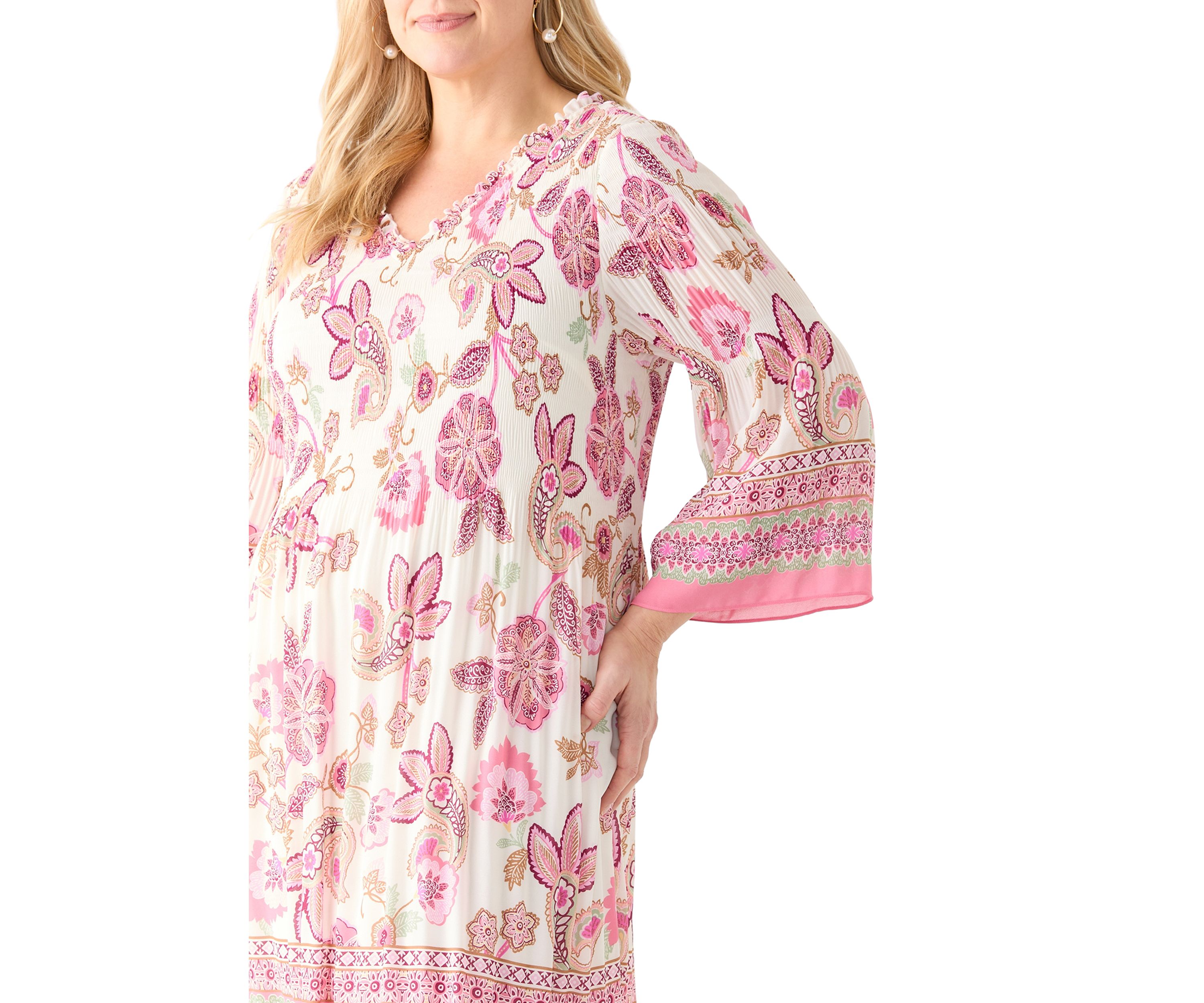 Plus Size Long Sleeve V-Neck Paisley Print Chiffon Dress