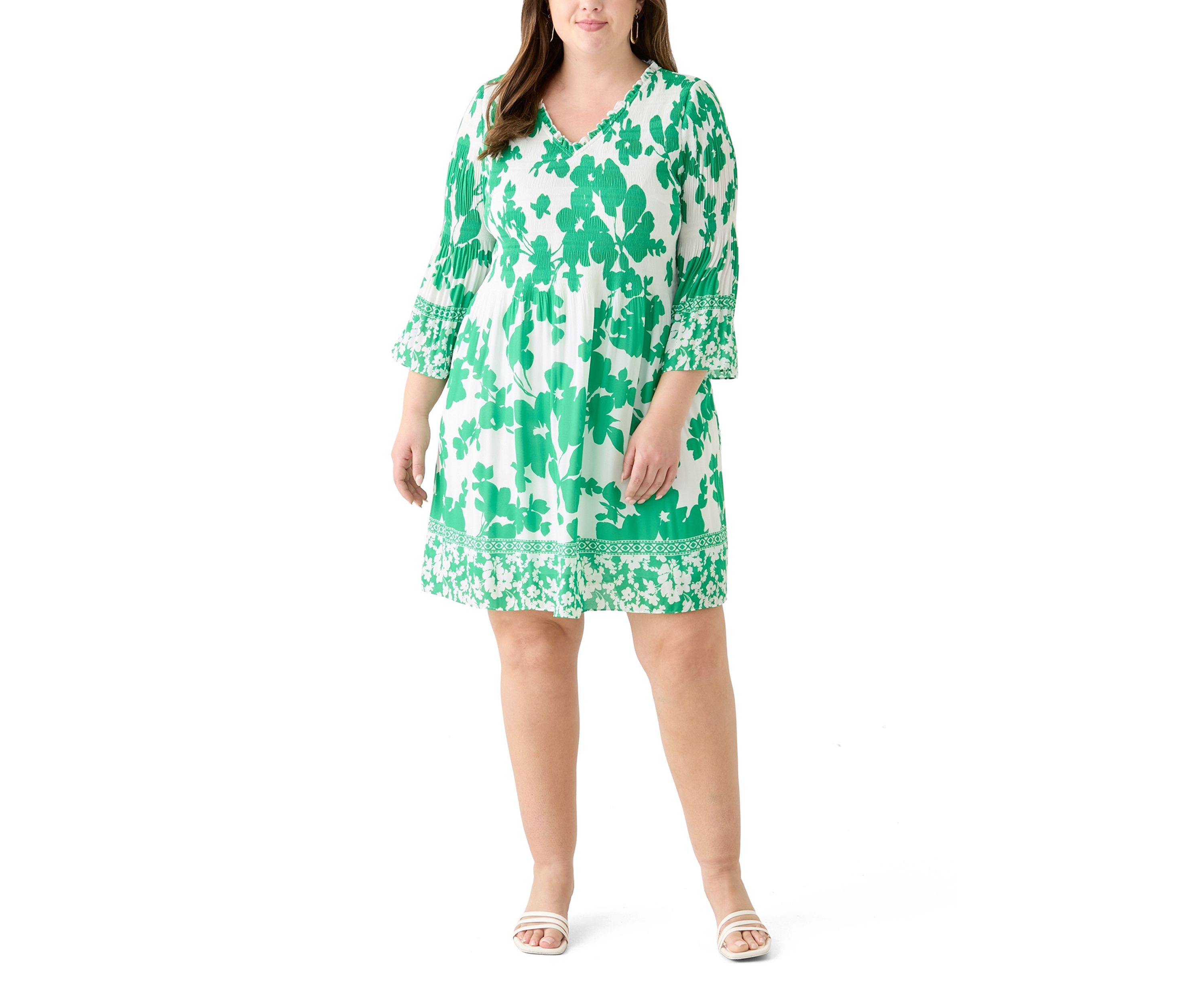 Plus Size Long Sleeve V-Neck Floral Print Pleater Dress