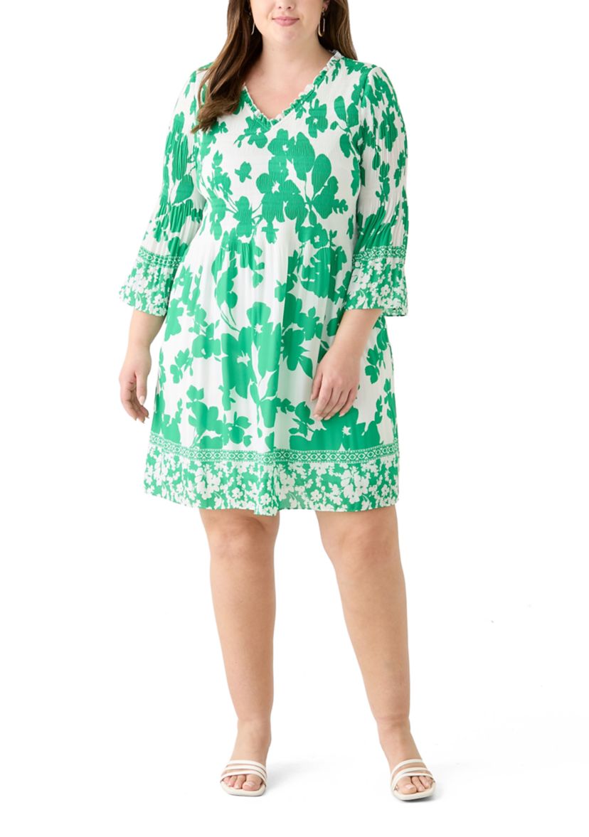Plus Size Long Sleeve V-Neck Floral Print Pleater Dress