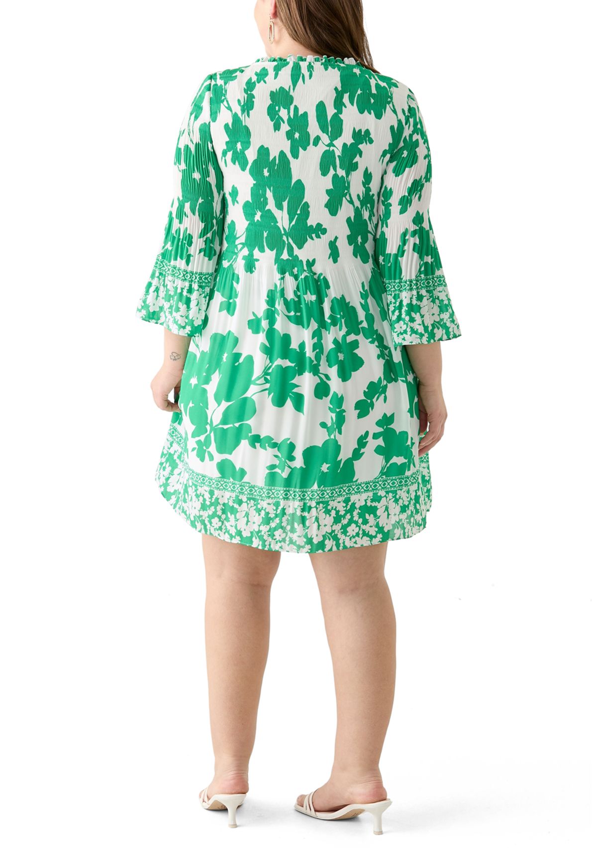 Plus Size Long Sleeve V-Neck Floral Print Pleater Dress