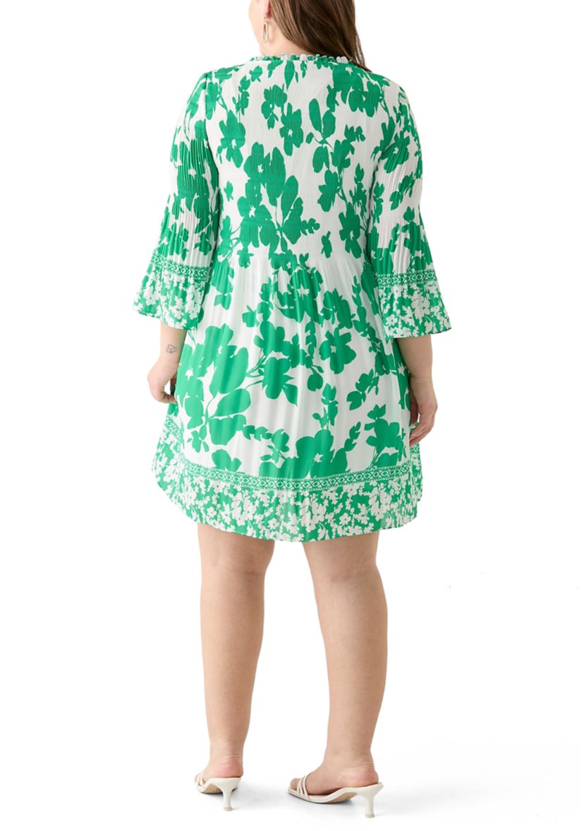 Plus Size Long Sleeve V-Neck Floral Print Pleater Dress