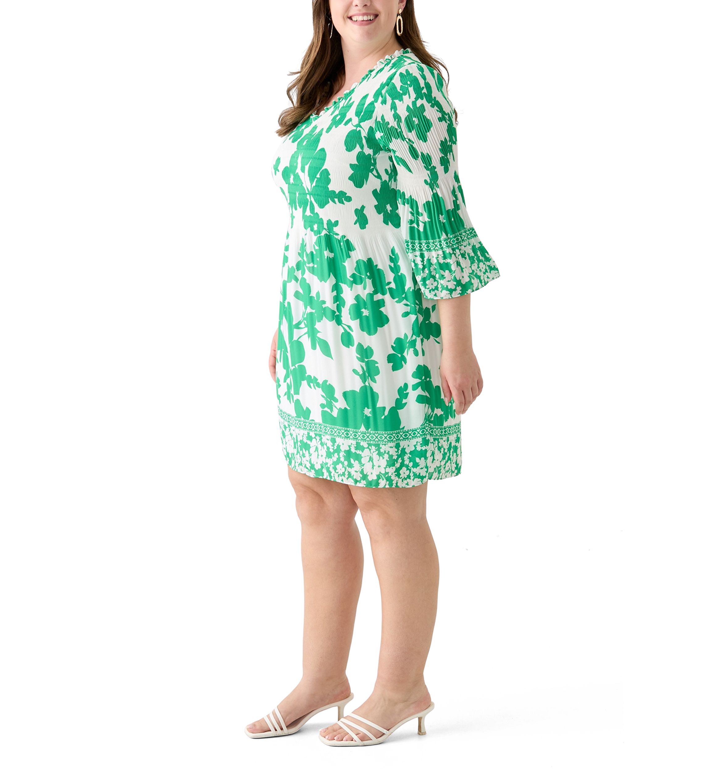 Plus Size Long Sleeve V-Neck Floral Print Pleater Dress