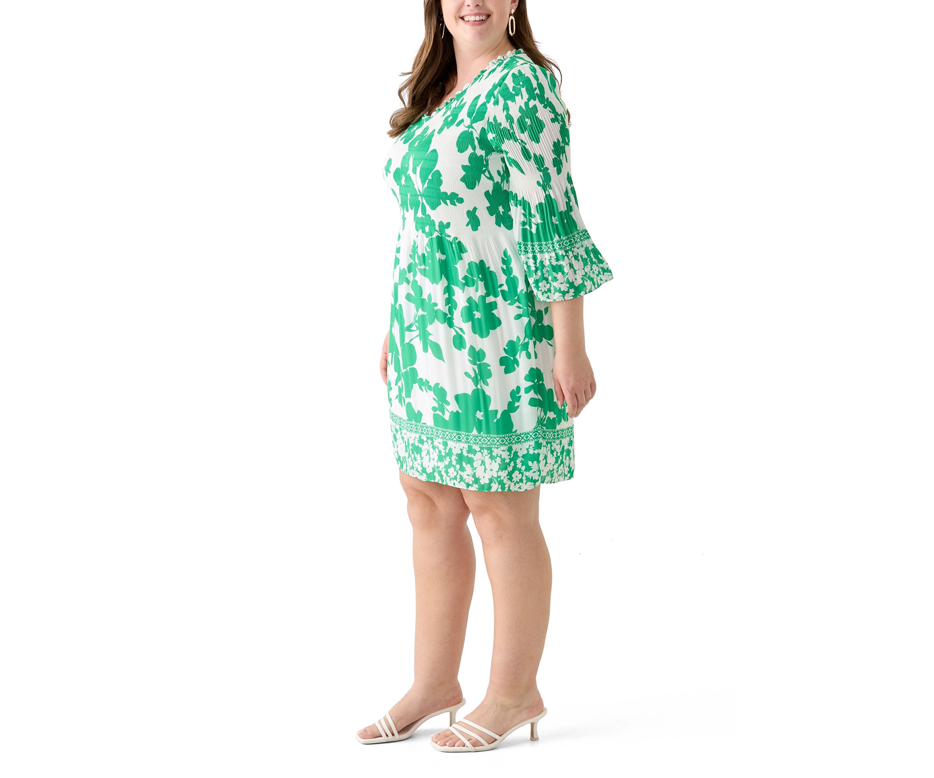 Plus Size Long Sleeve V-Neck Floral Print Pleater Dress