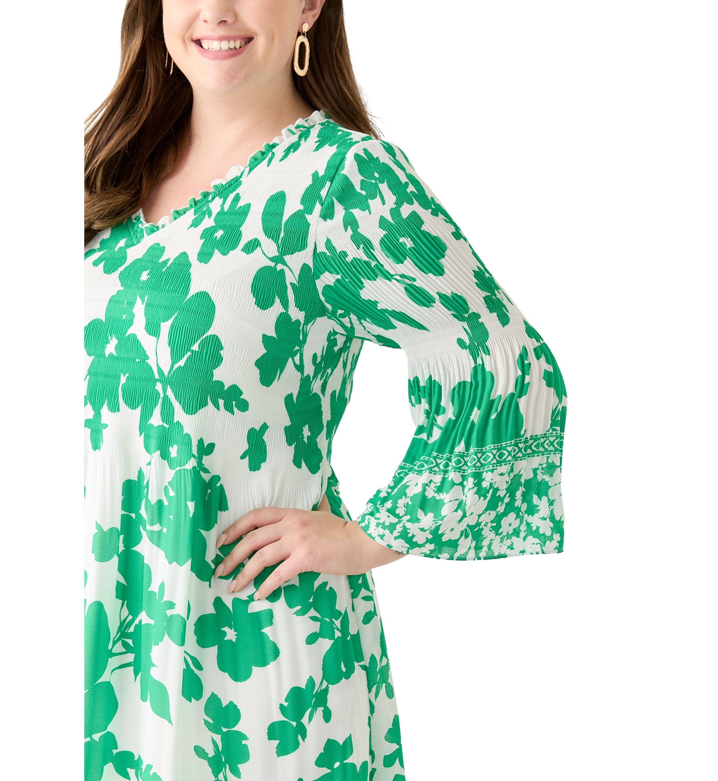 Plus Size Long Sleeve V-Neck Floral Print Pleater Dress