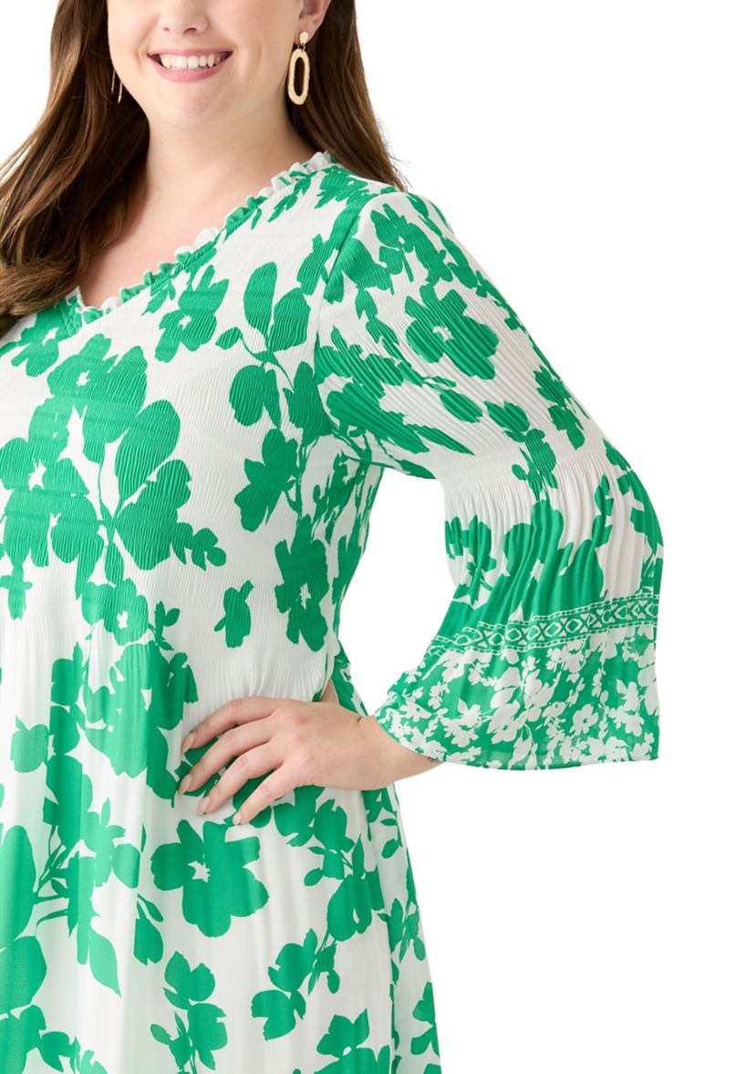Plus Size Long Sleeve V-Neck Floral Print Pleater Dress