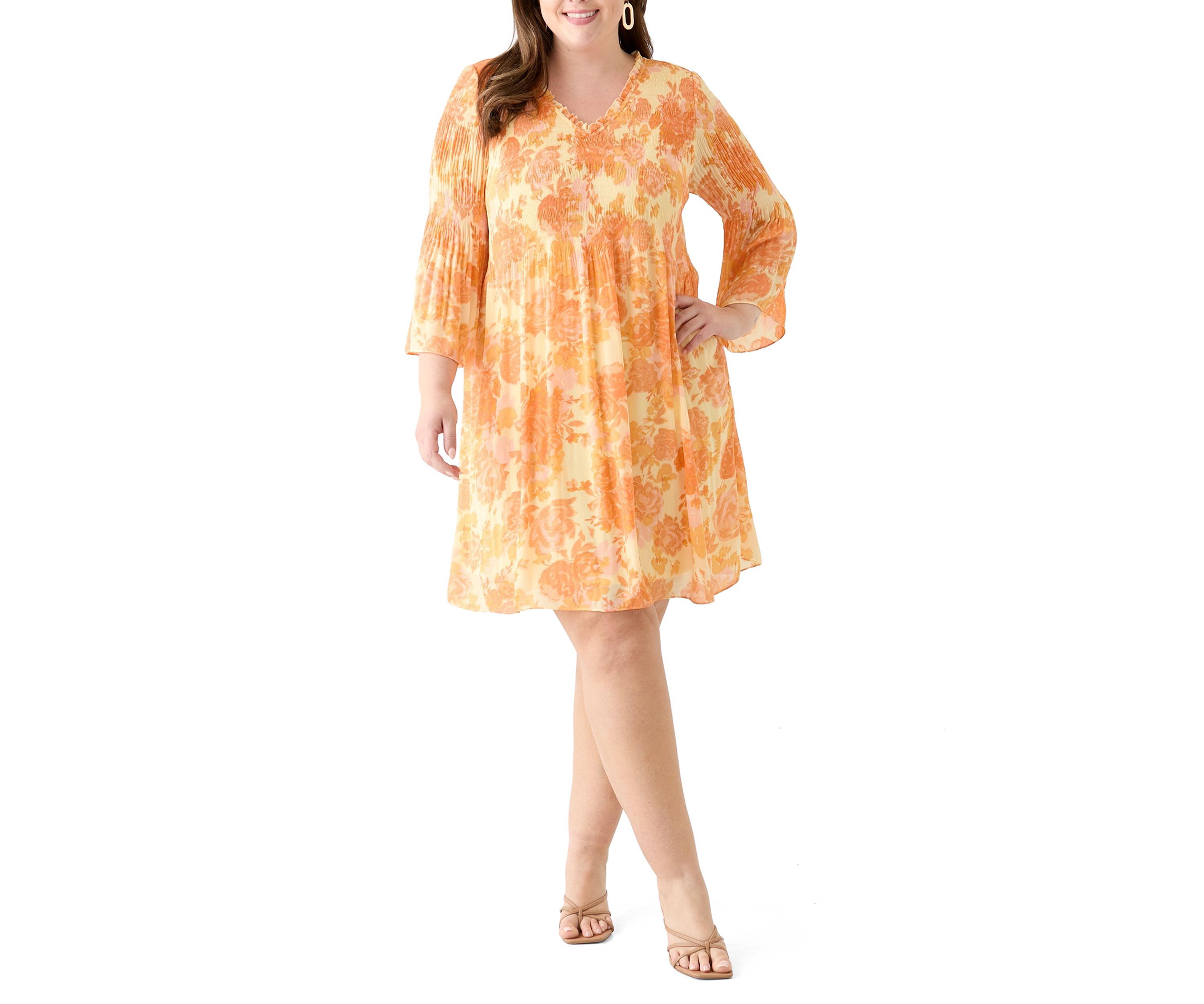 Plus Size Long Sleeve V-Neck Floral Print Pleater Dress