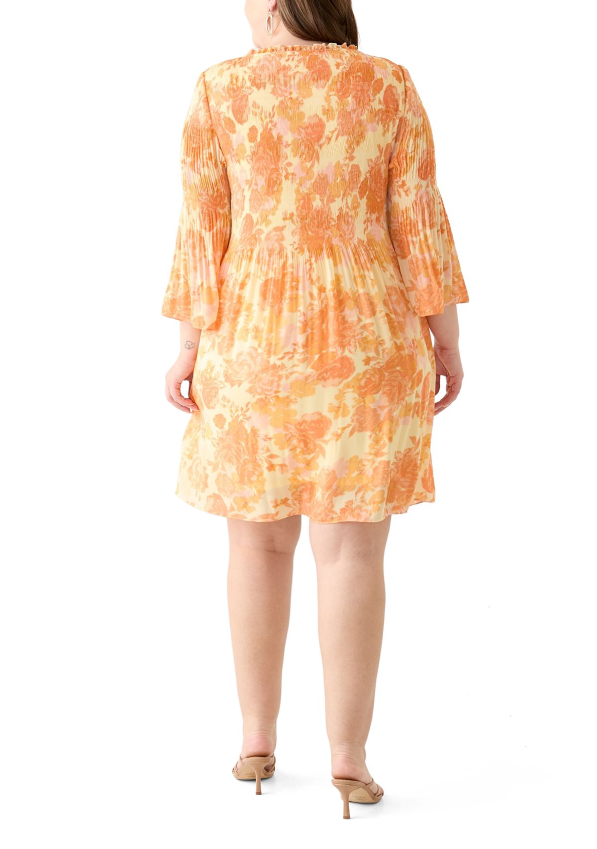 Plus Size Long Sleeve V-Neck Floral Print Pleater Dress