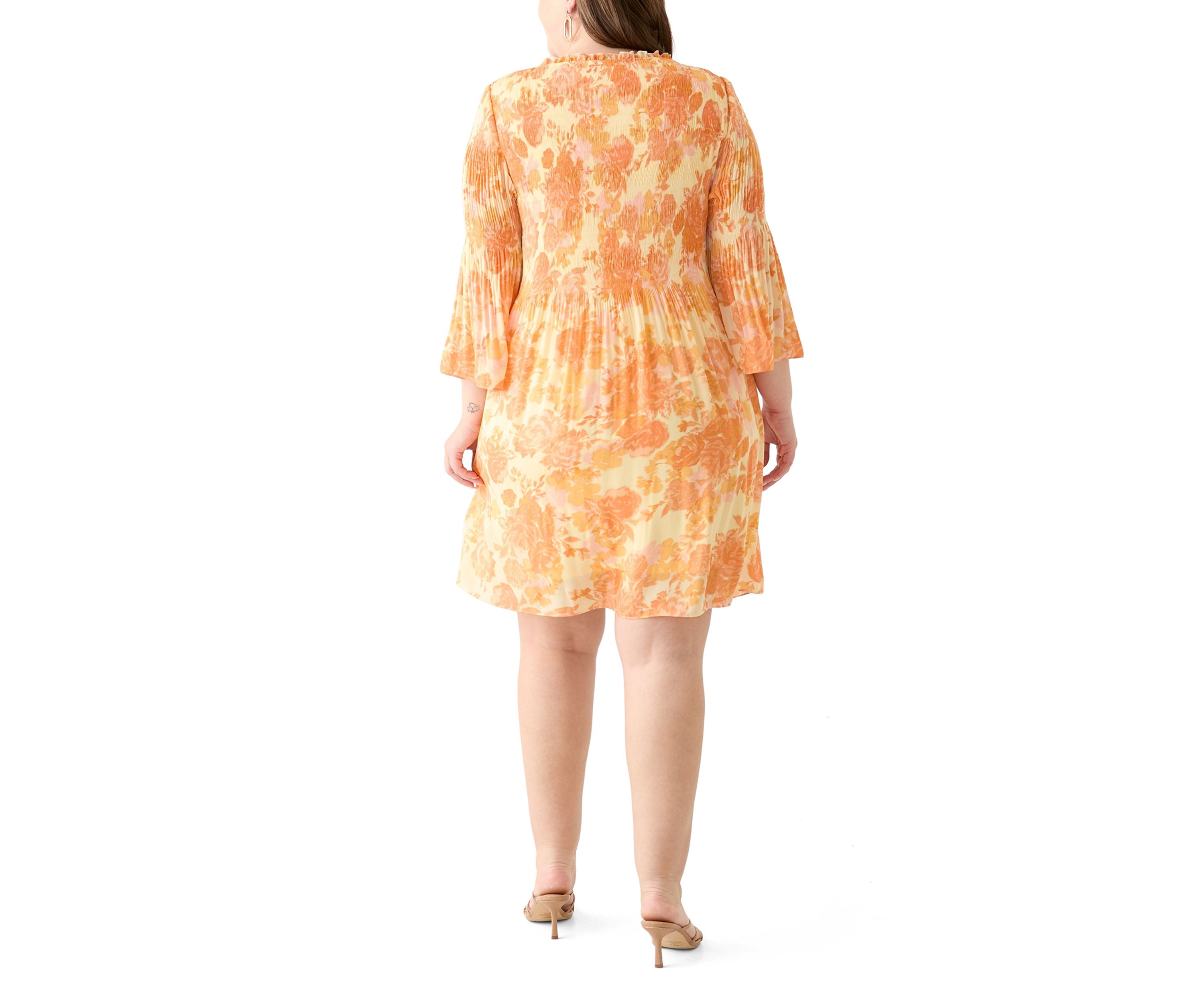 Plus Size Long Sleeve V-Neck Floral Print Pleater Dress