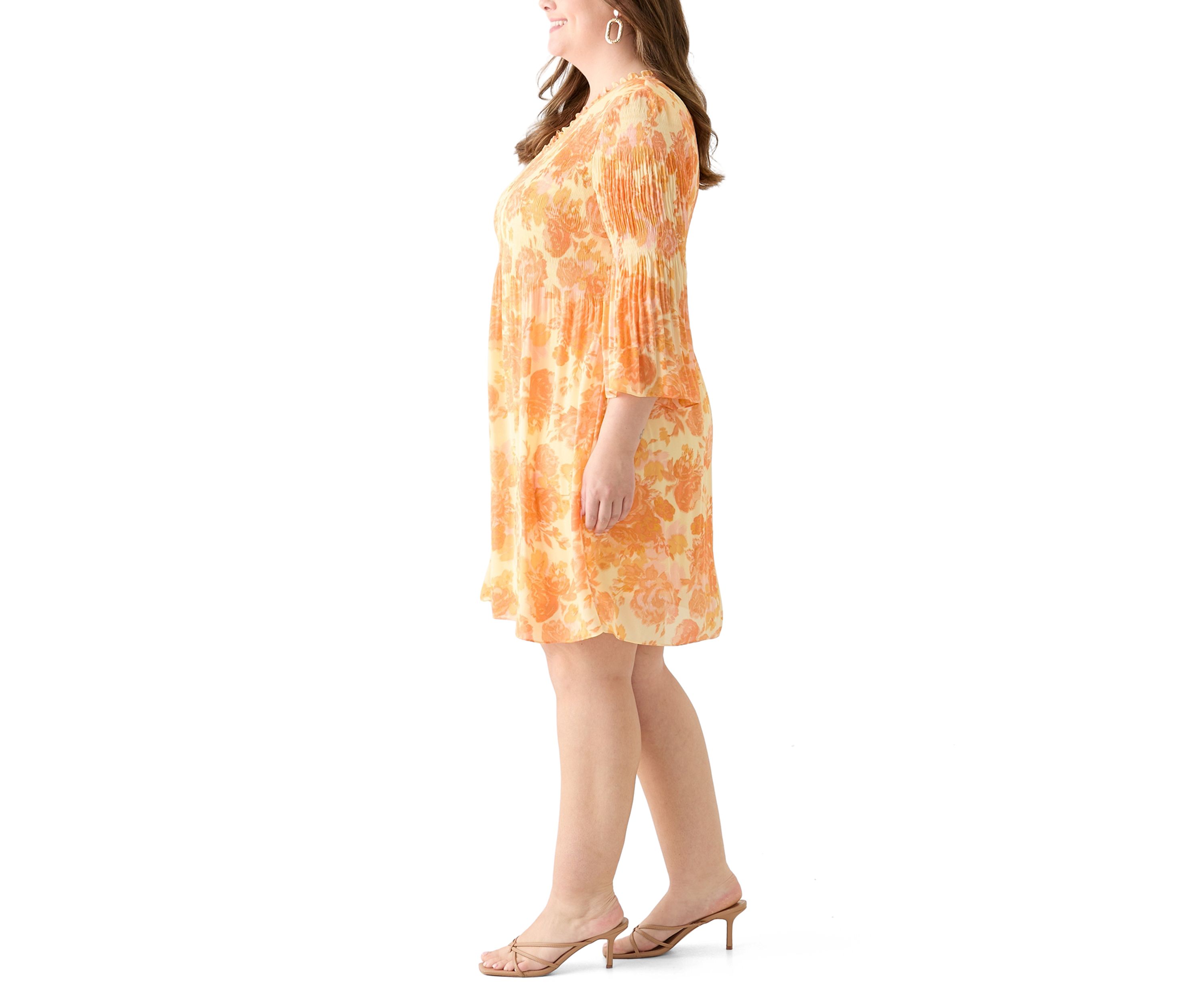 Plus Size Long Sleeve V-Neck Floral Print Pleater Dress