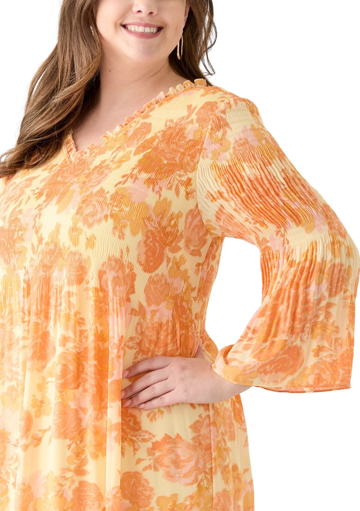 Plus Size Long Sleeve V-Neck Floral Print Pleater Dress