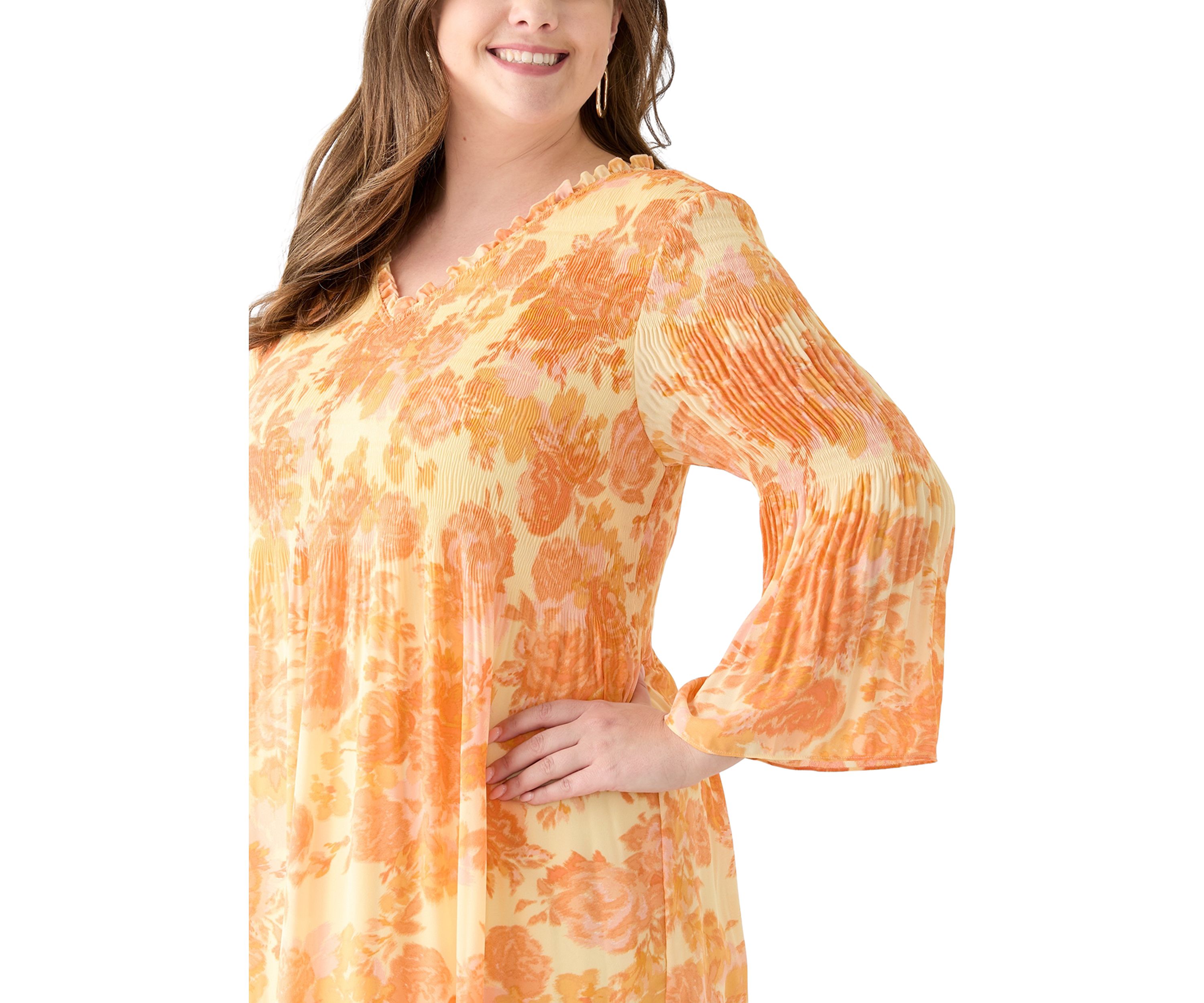 Plus Size Long Sleeve V-Neck Floral Print Pleater Dress