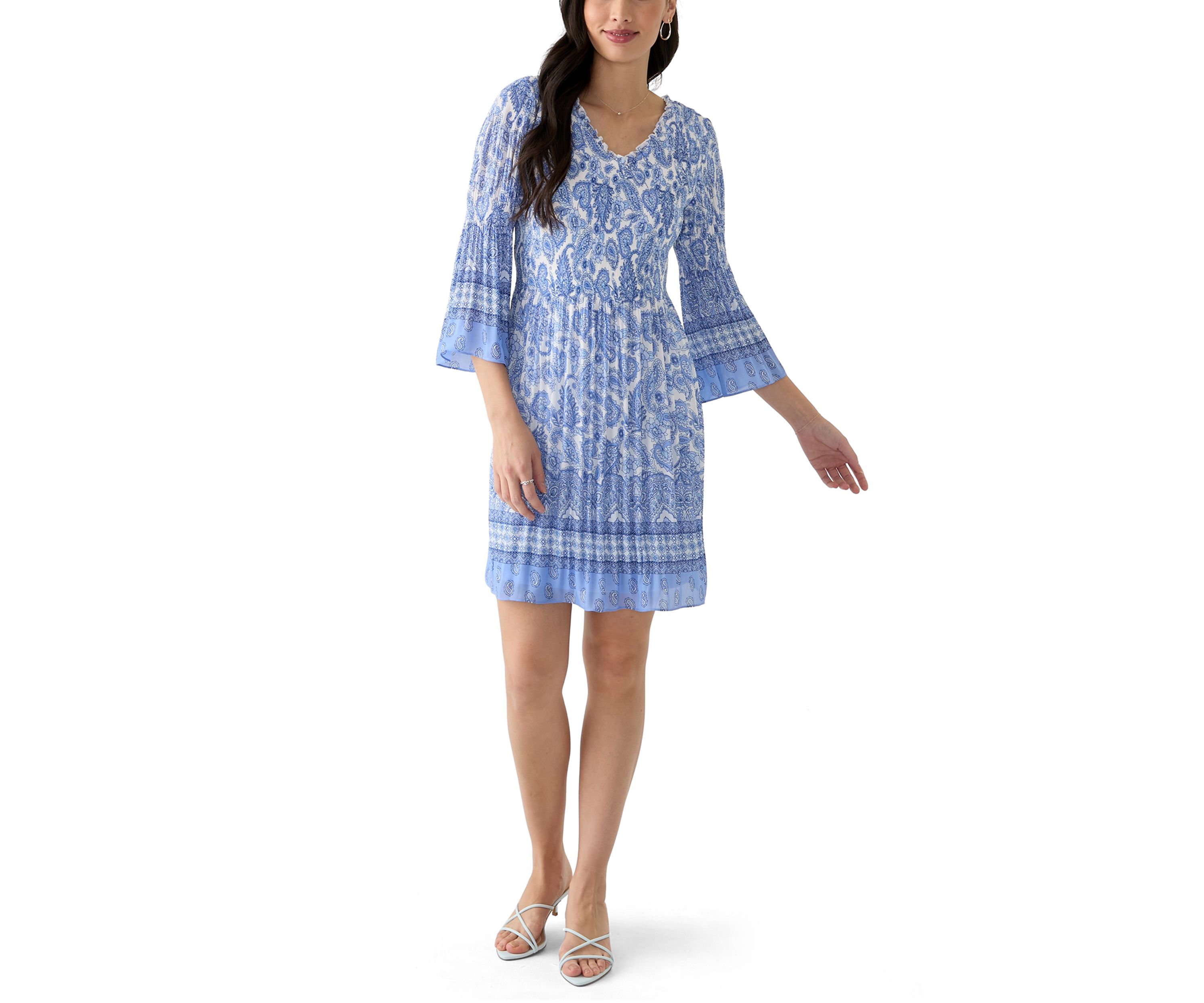 Womens 3/4 Sleeve V-Neck Paisley Print A-Line Dress