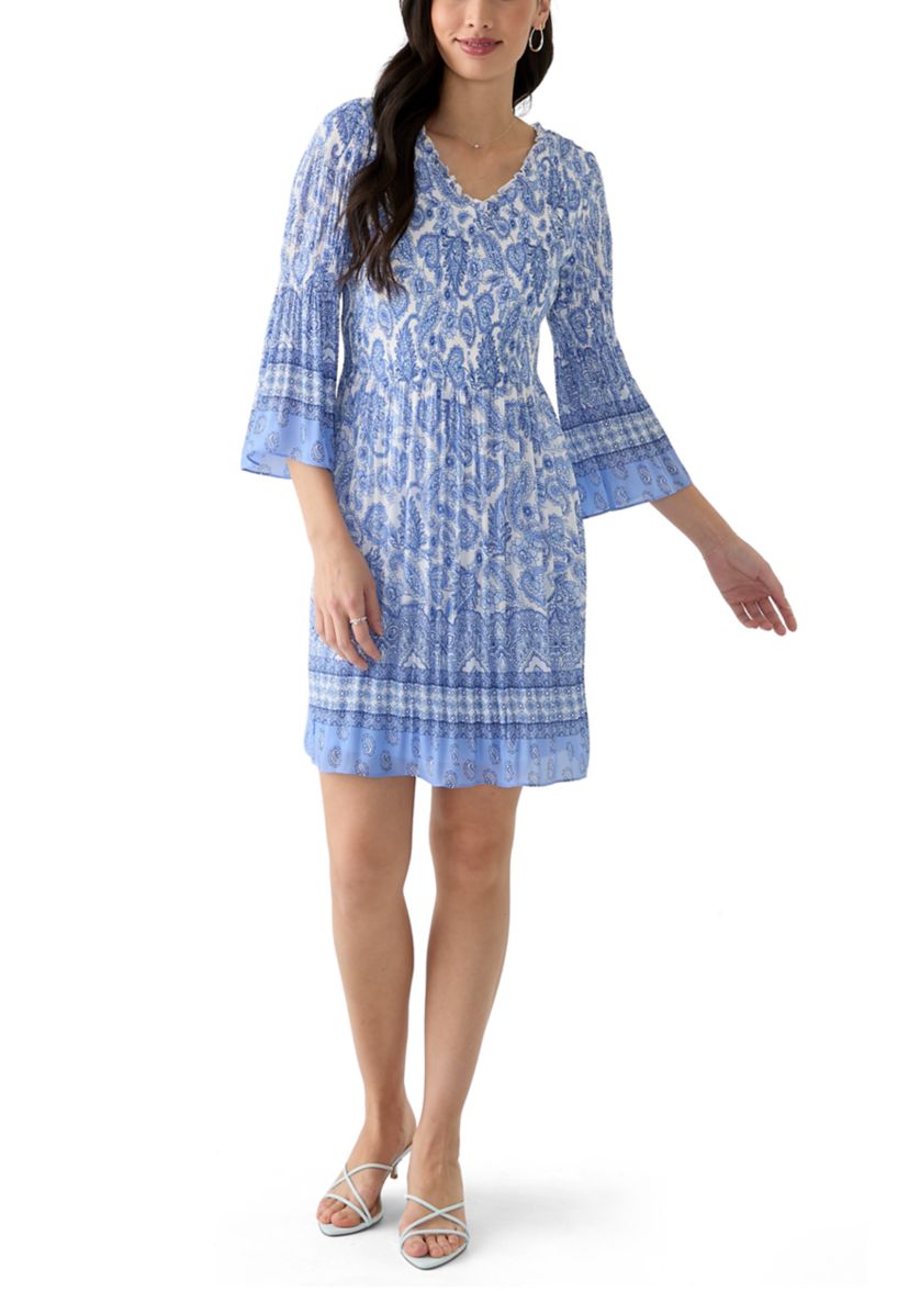 Womens 3/4 Sleeve V-Neck Paisley Print A-Line Dress