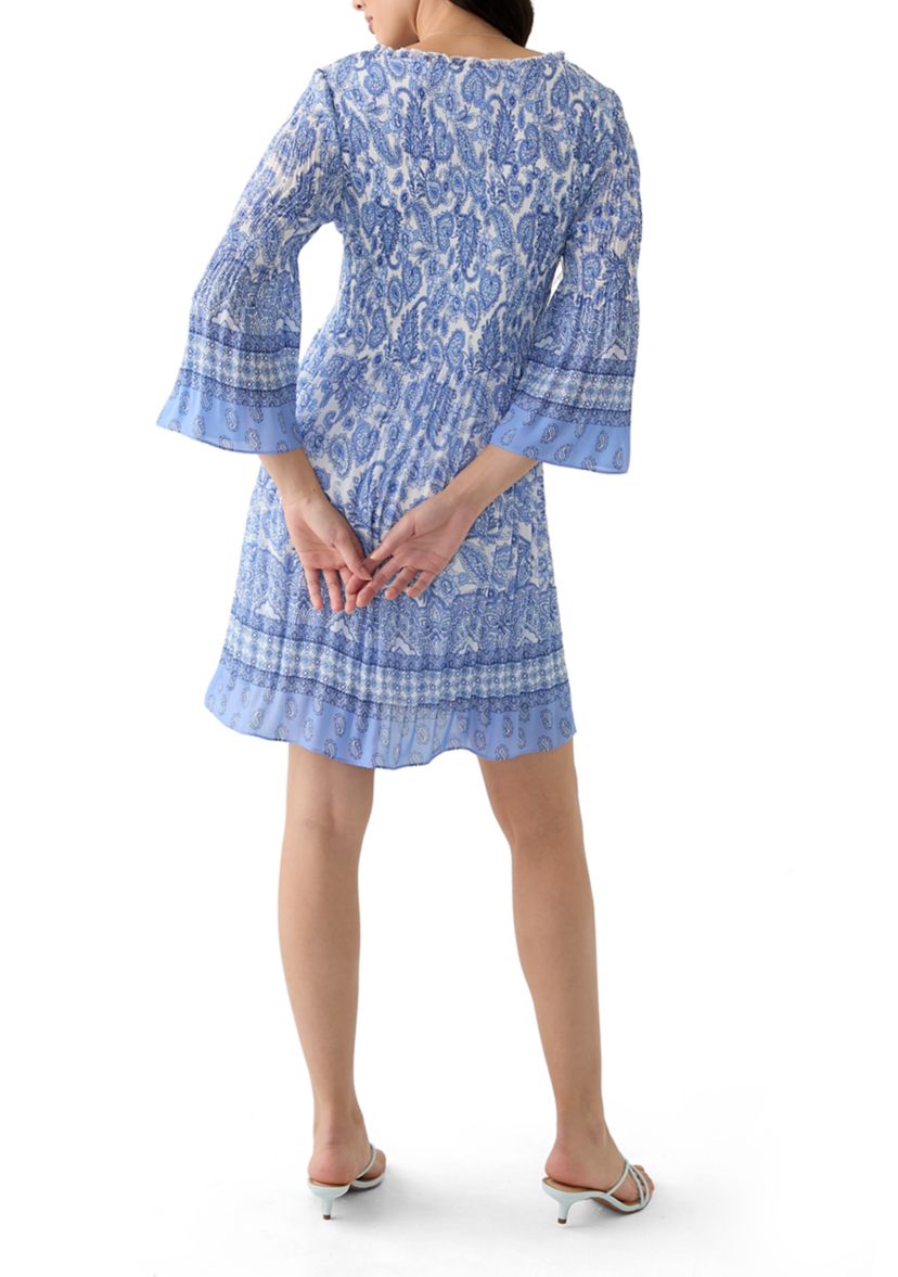 Womens 3/4 Sleeve V-Neck Paisley Print A-Line Dress