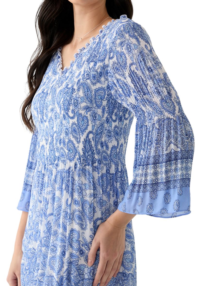 Womens 3/4 Sleeve V-Neck Paisley Print A-Line Dress