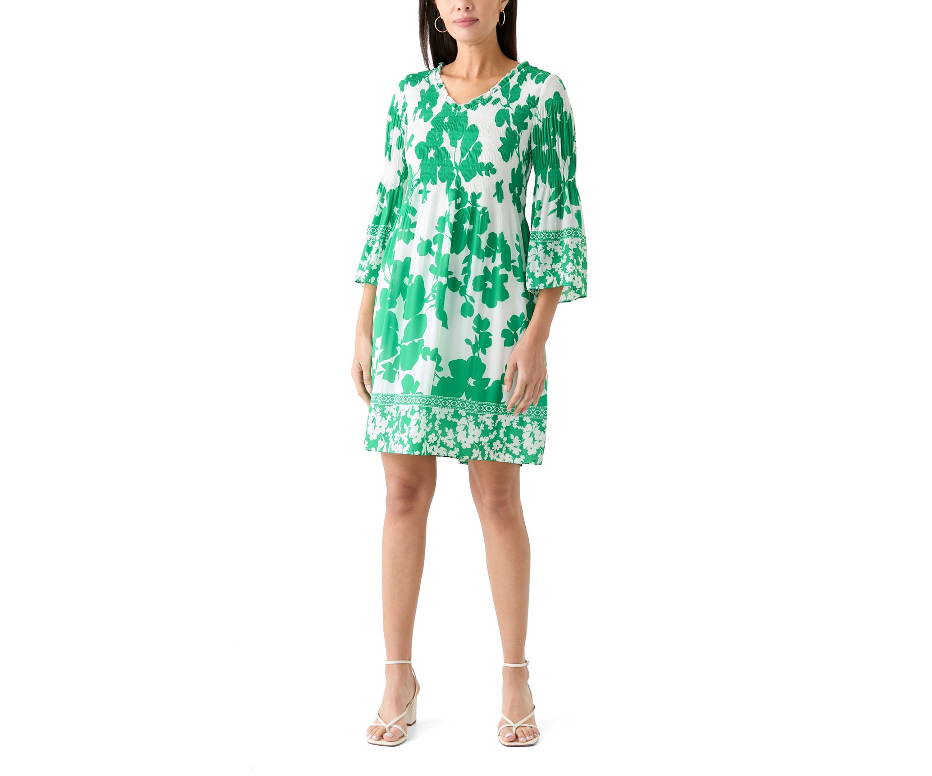 Womens 3/4 Bell Sleeve V-Neck Floral Print Dress