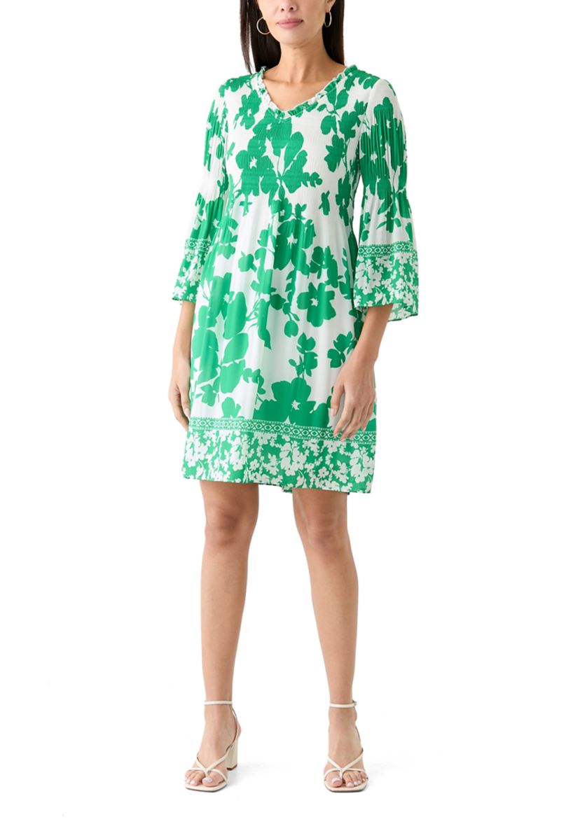 Womens 3/4 Bell Sleeve V-Neck Floral Print Dress