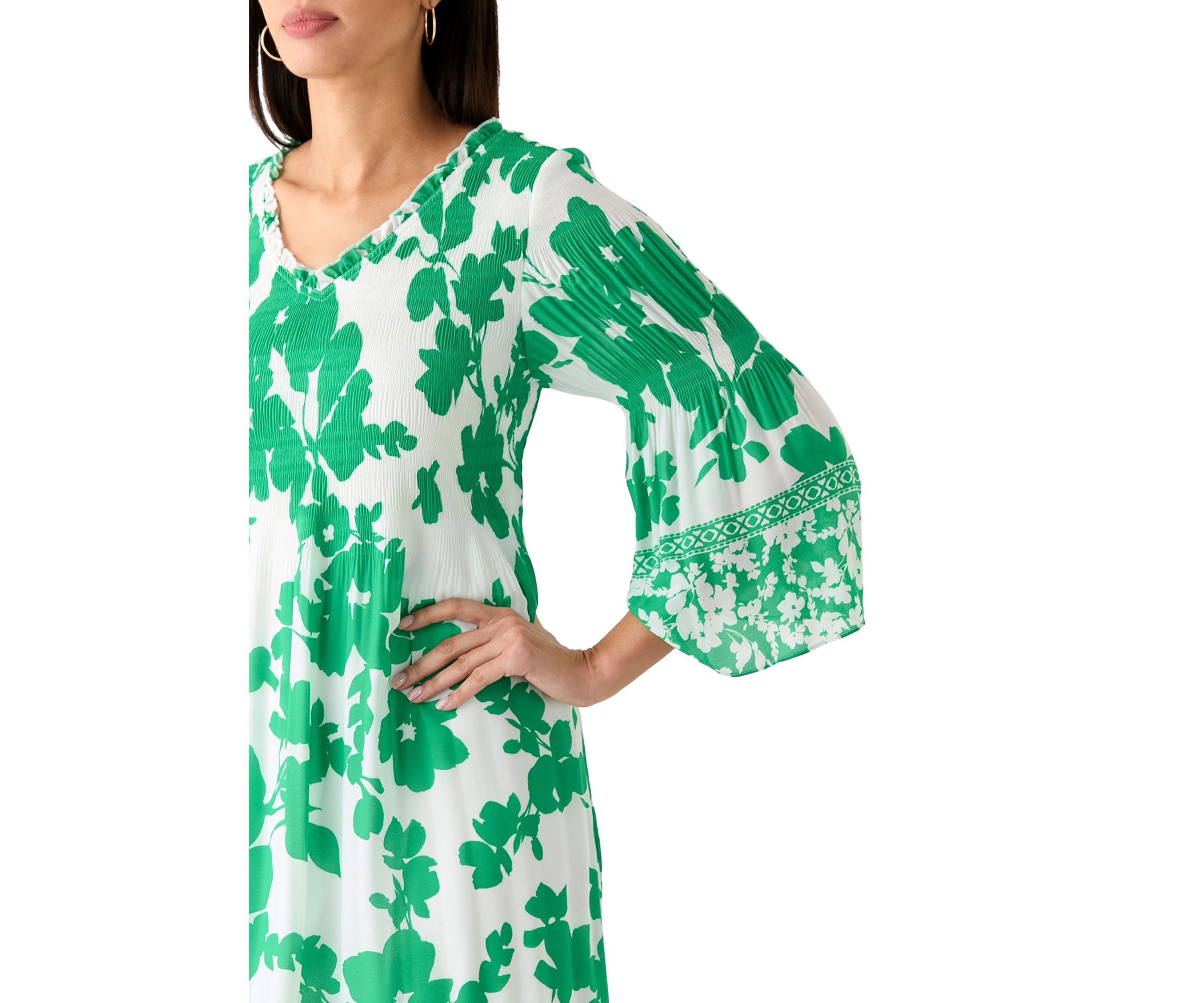 Womens 3/4 Bell Sleeve V-Neck Floral Print Dress
