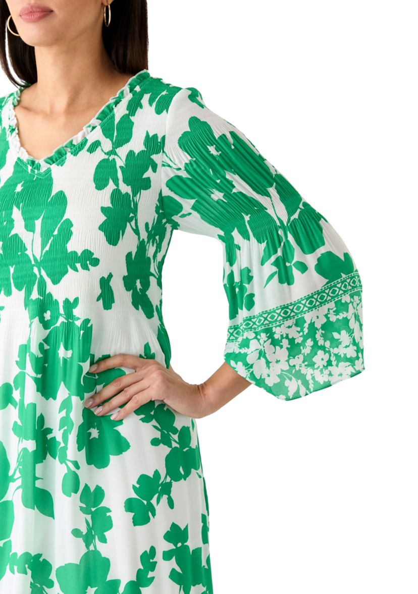 Womens 3/4 Bell Sleeve V-Neck Floral Print Dress