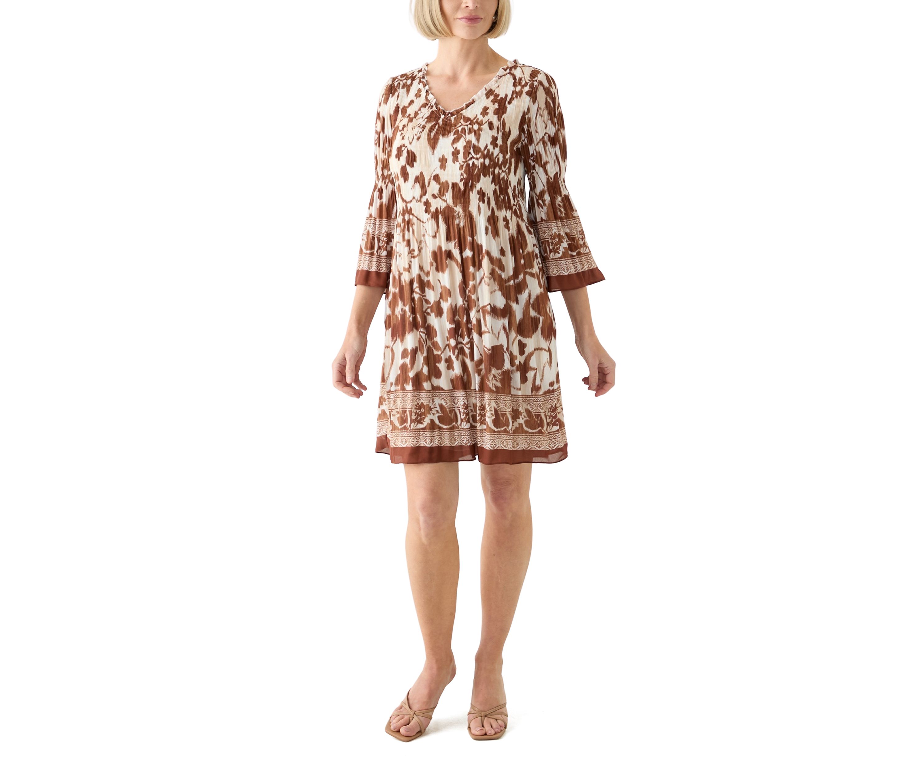   Womens 3/4 Bell Sleeve Pleater Mini Dress 