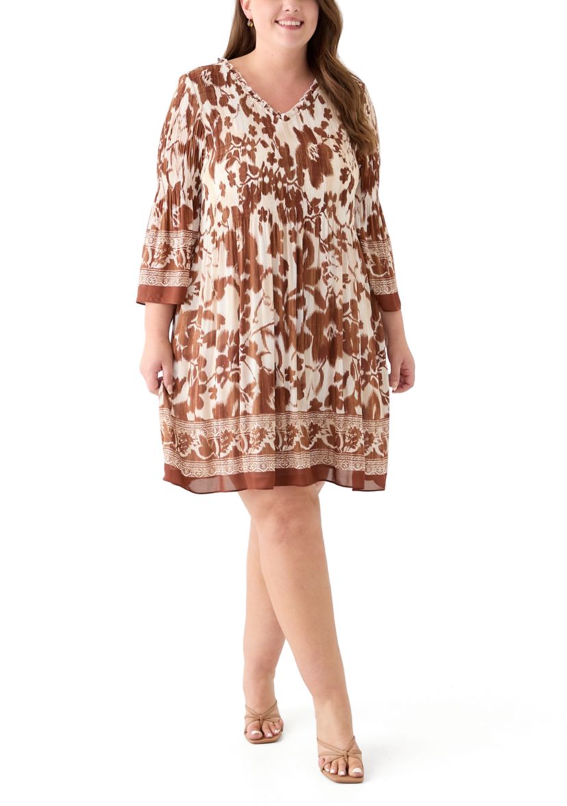 Plus Size Long Sleeve V-Neck Floral Print Pleater Dress