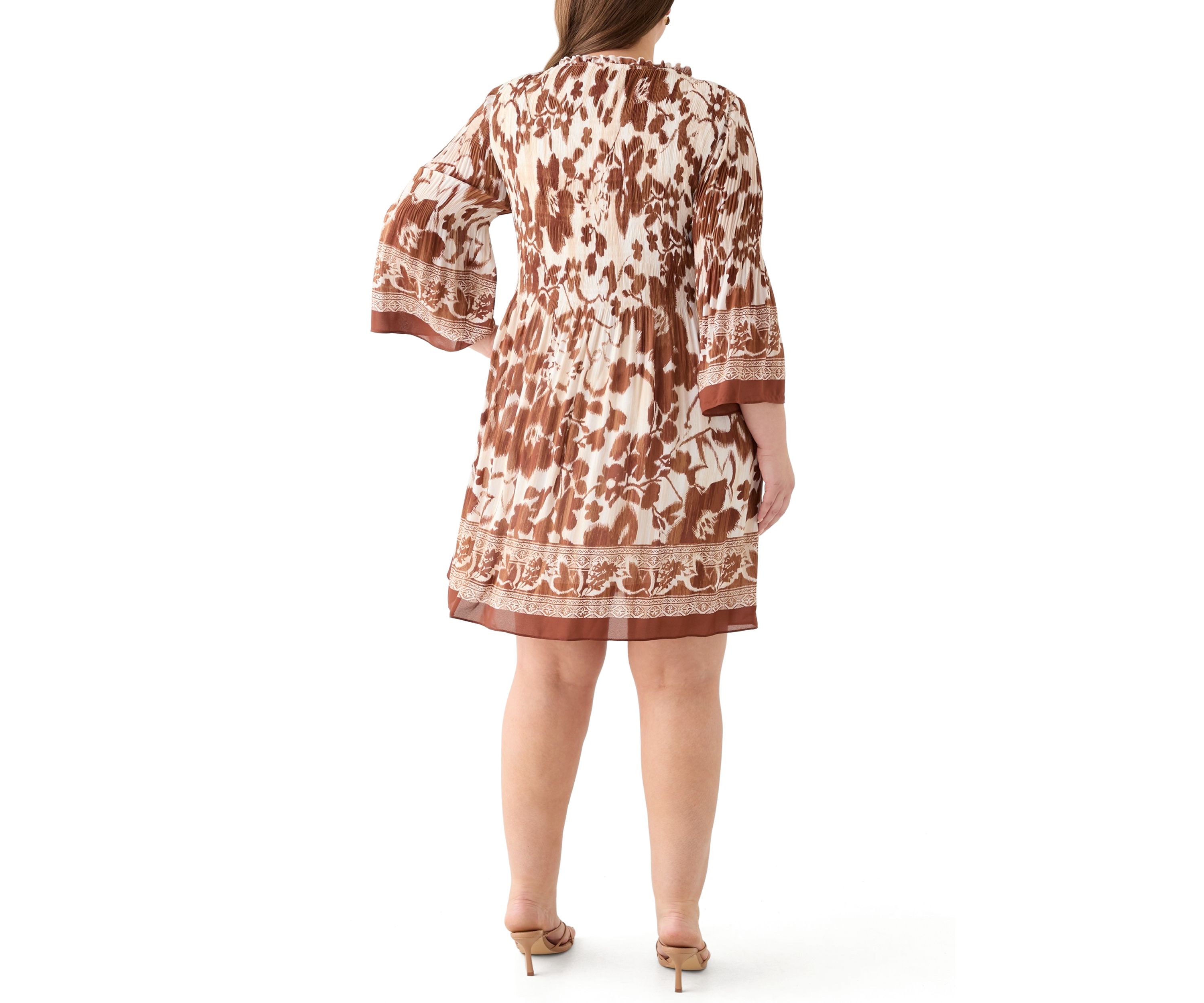 Plus Size Long Sleeve V-Neck Floral Print Pleater Dress