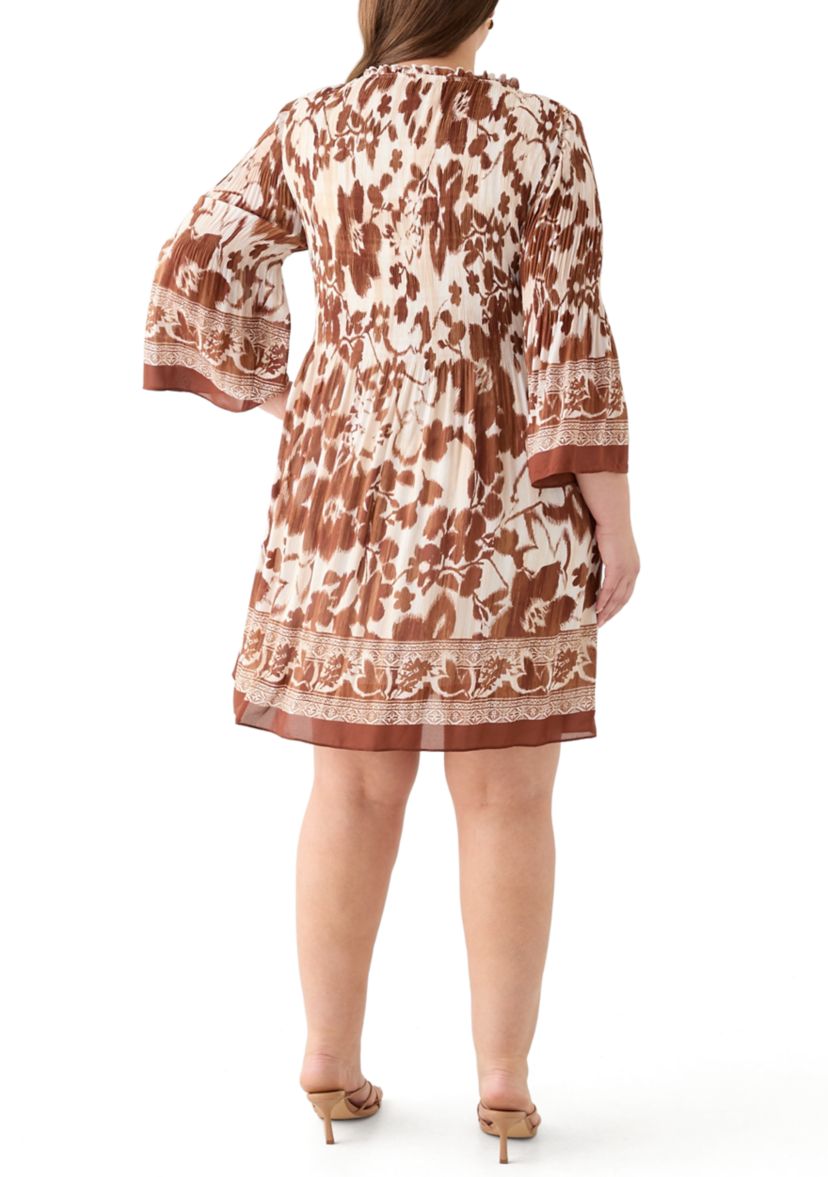 Plus Size Long Sleeve V-Neck Floral Print Pleater Dress